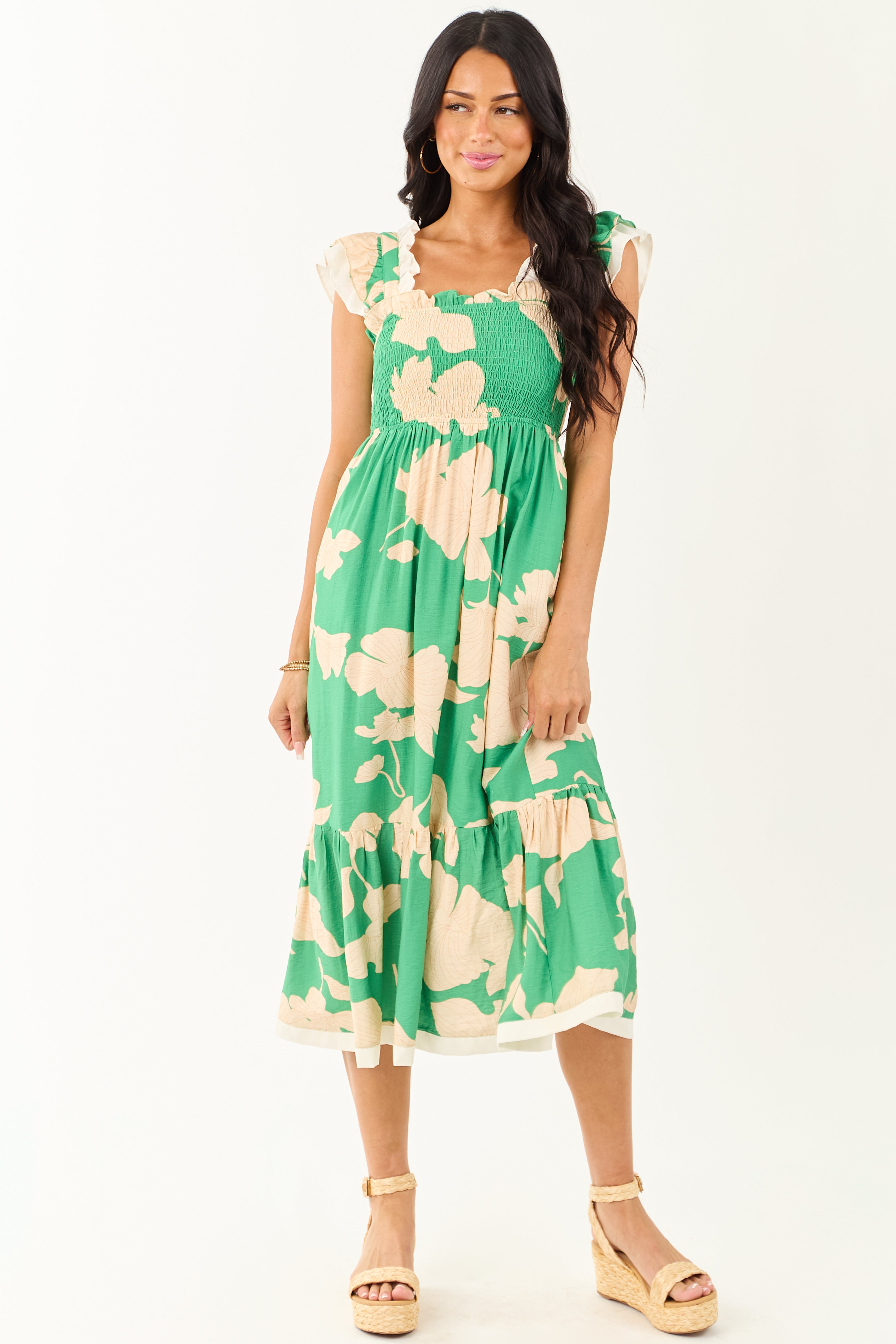 Kelly Green and Cream Floral Print Smocked Midi Dress