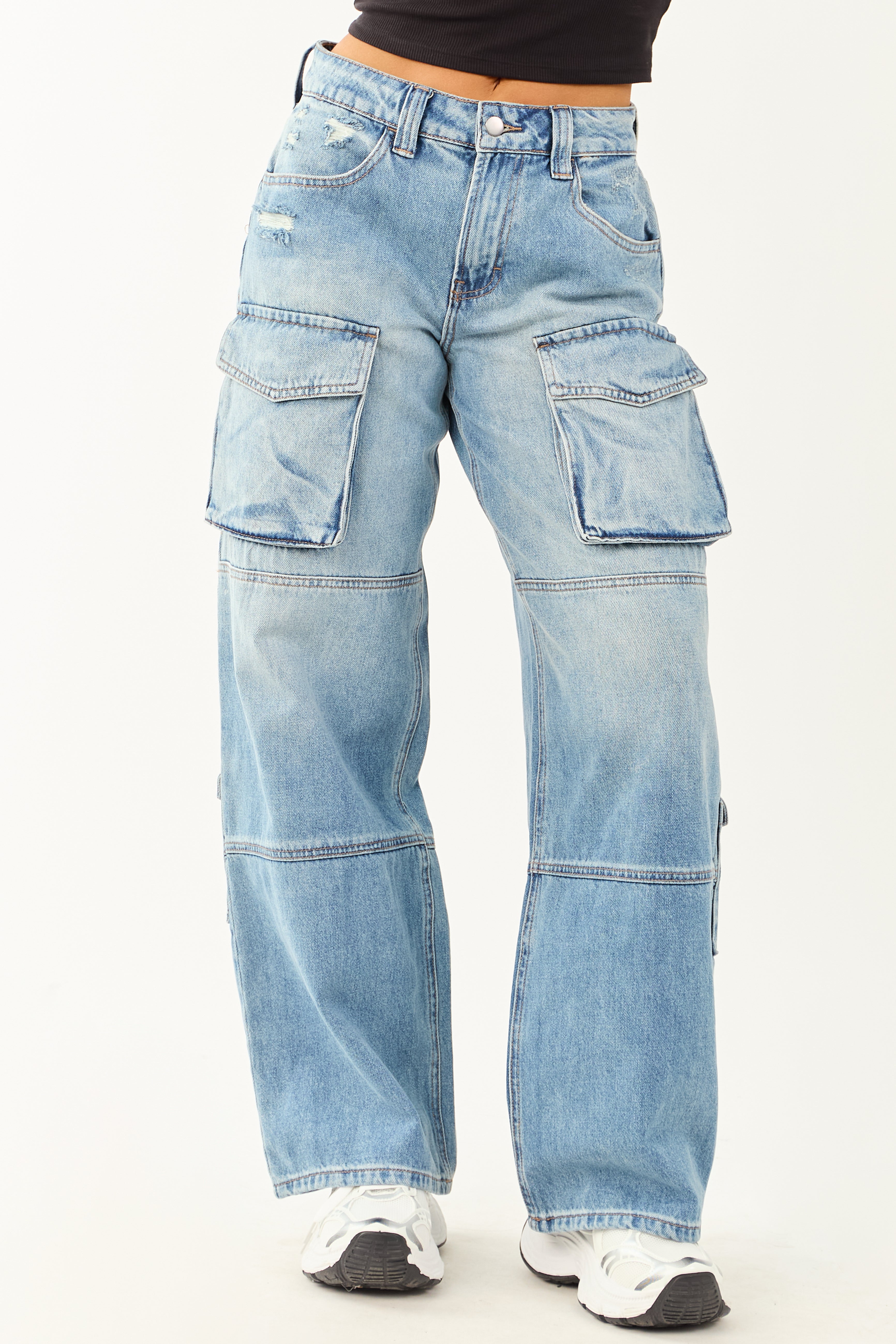 Cello Medium Wash High Rise Distressed Cargo Jeans