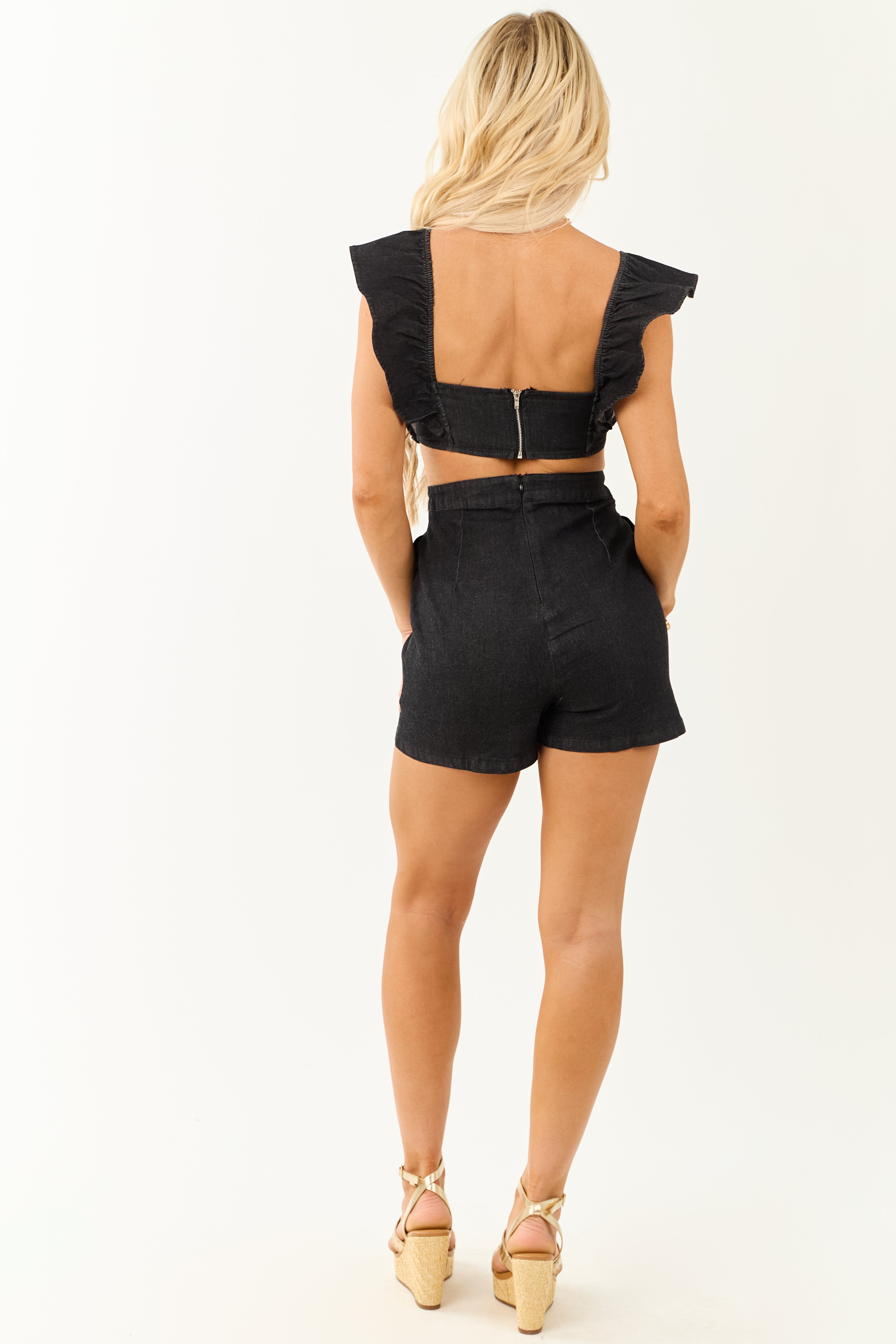 Charcoal Denim Open Back Ruffled Romper