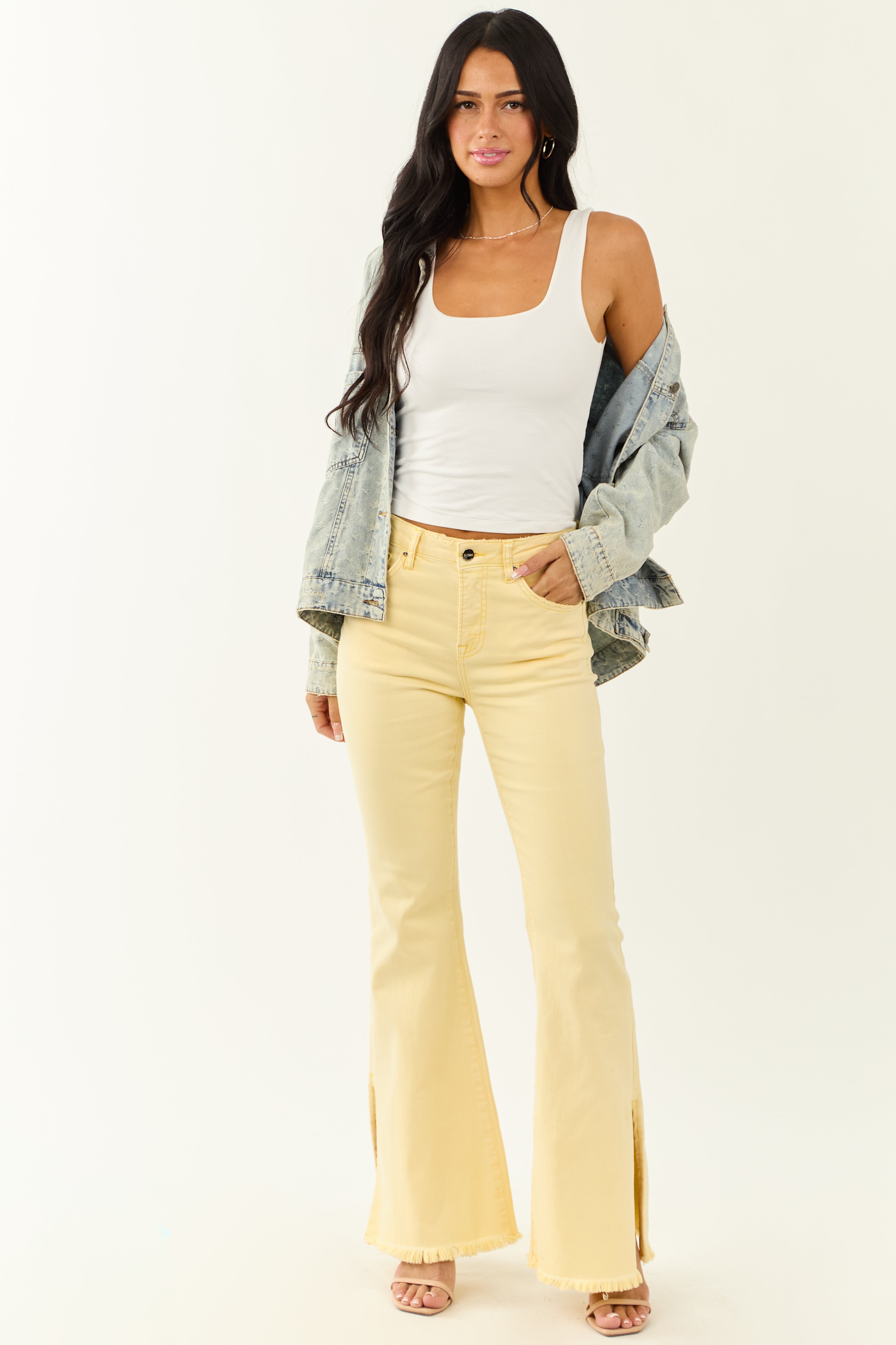 Risen Buttercream Side Slit Stretchy Flare Jeans