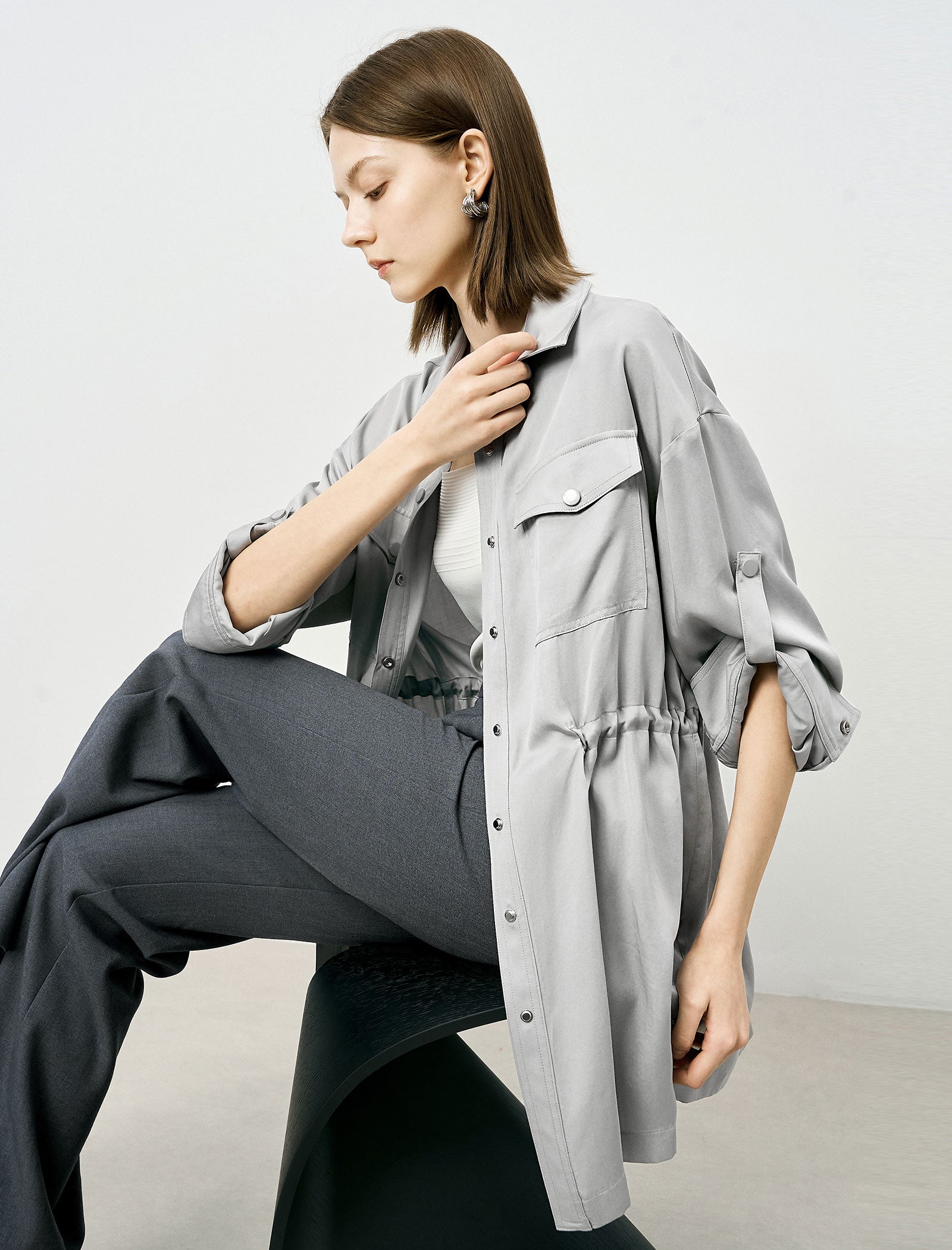 Gray Tencel Waist-Defining Mid-Length Shirt Cardigan