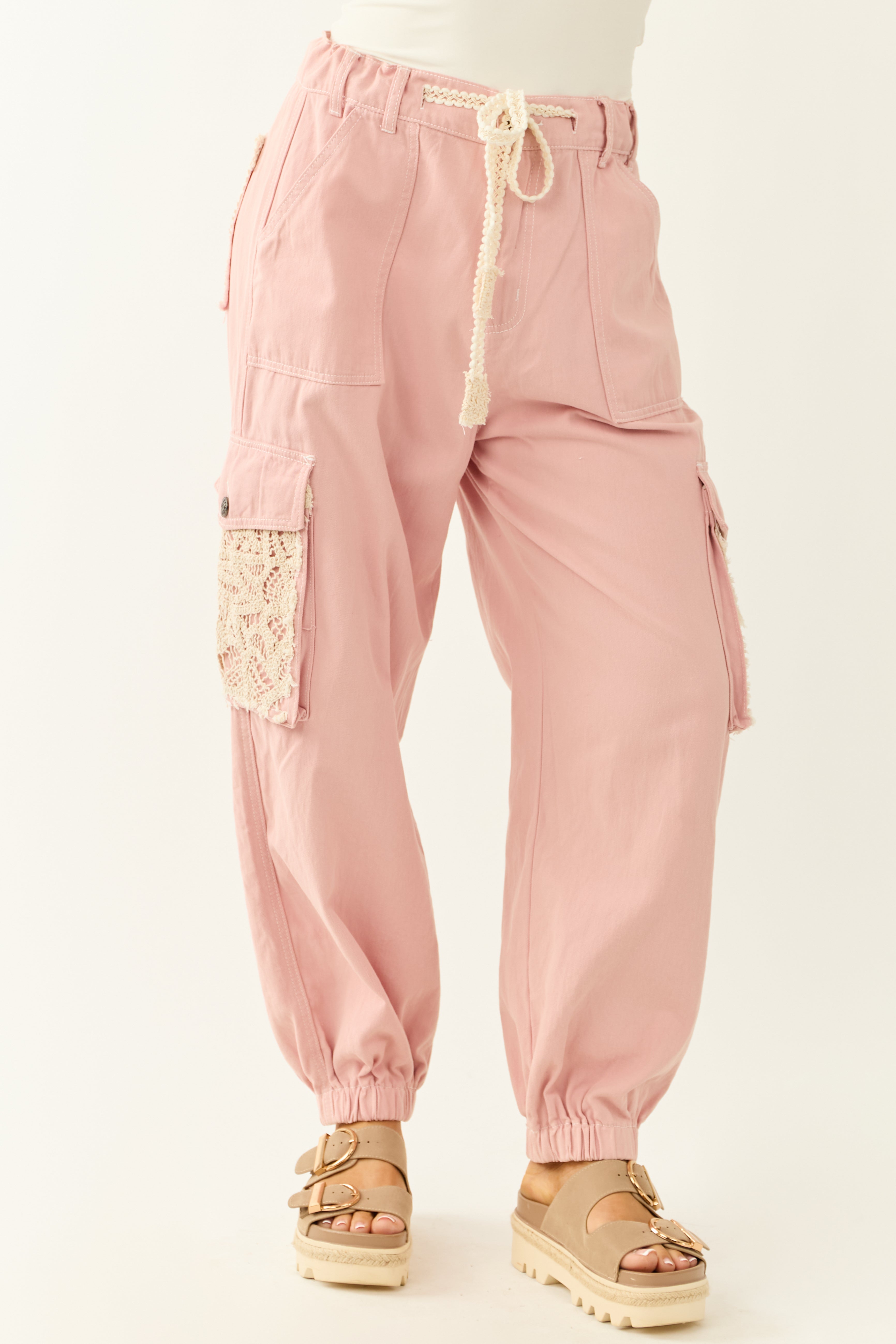 POL Dusty Blush Denim Crochet Detail Joggers