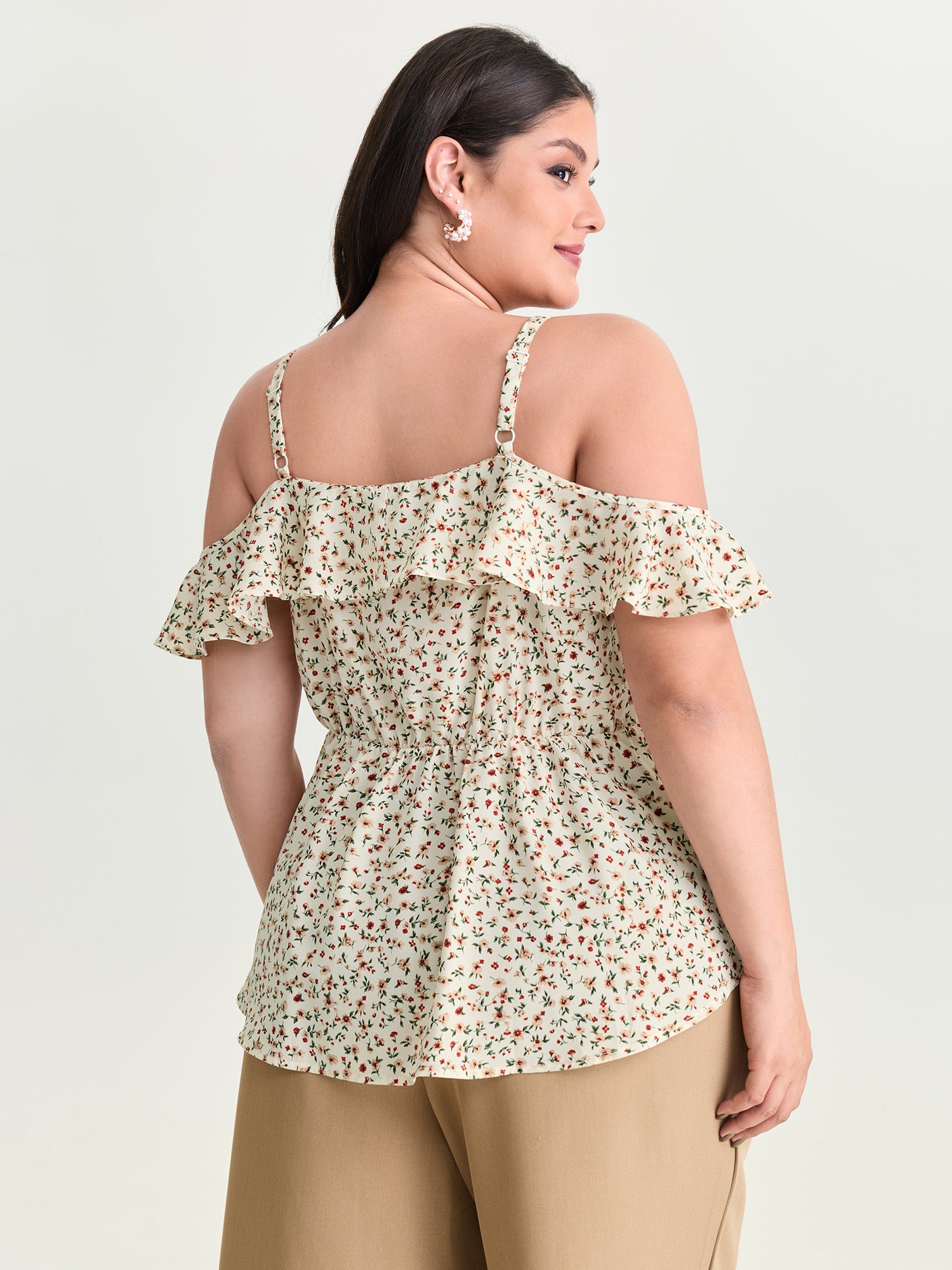 Floral Print Ruffled Cold Shoulder Blouse
