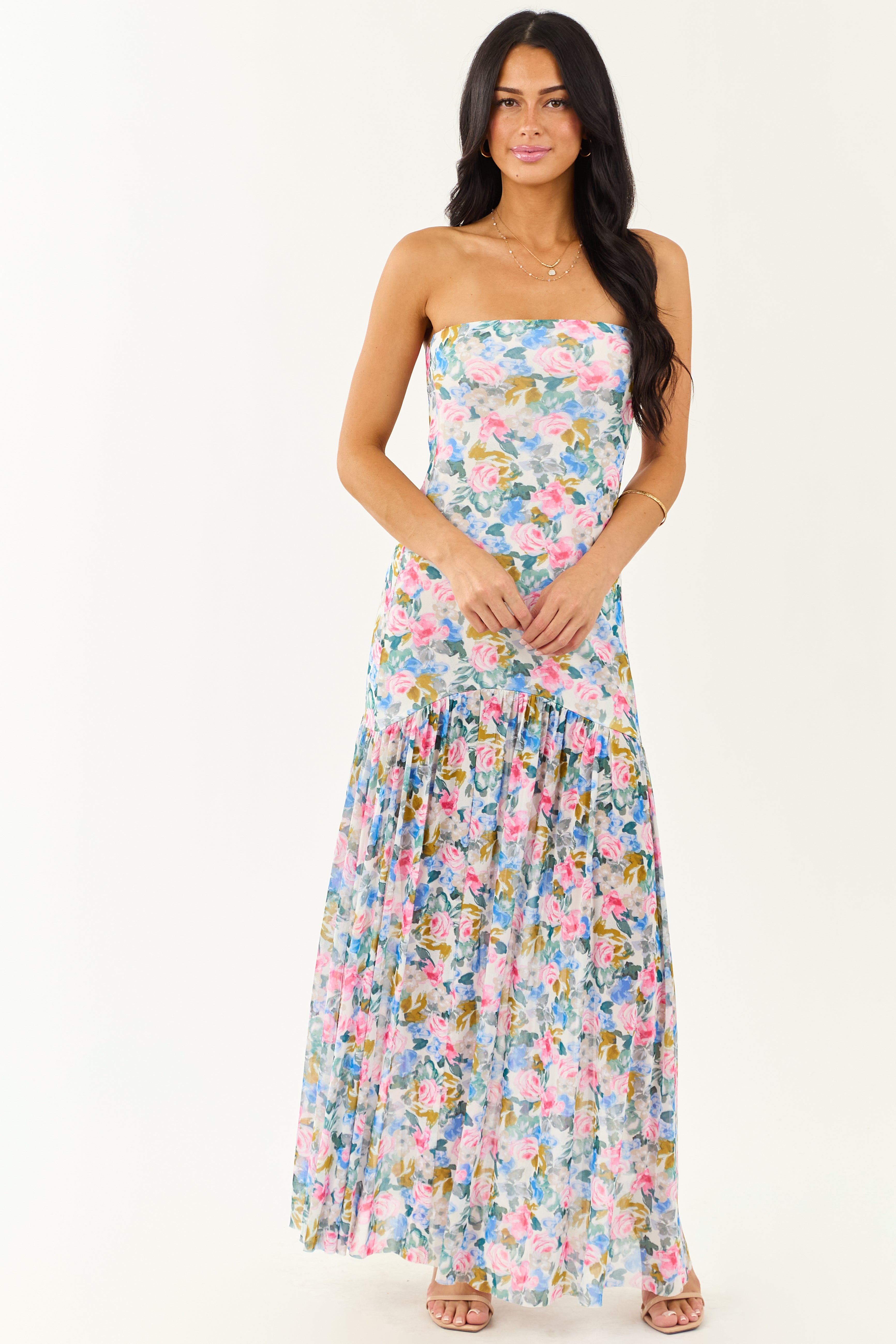Ivory Floral Print Front Slit Mesh Maxi Dress
