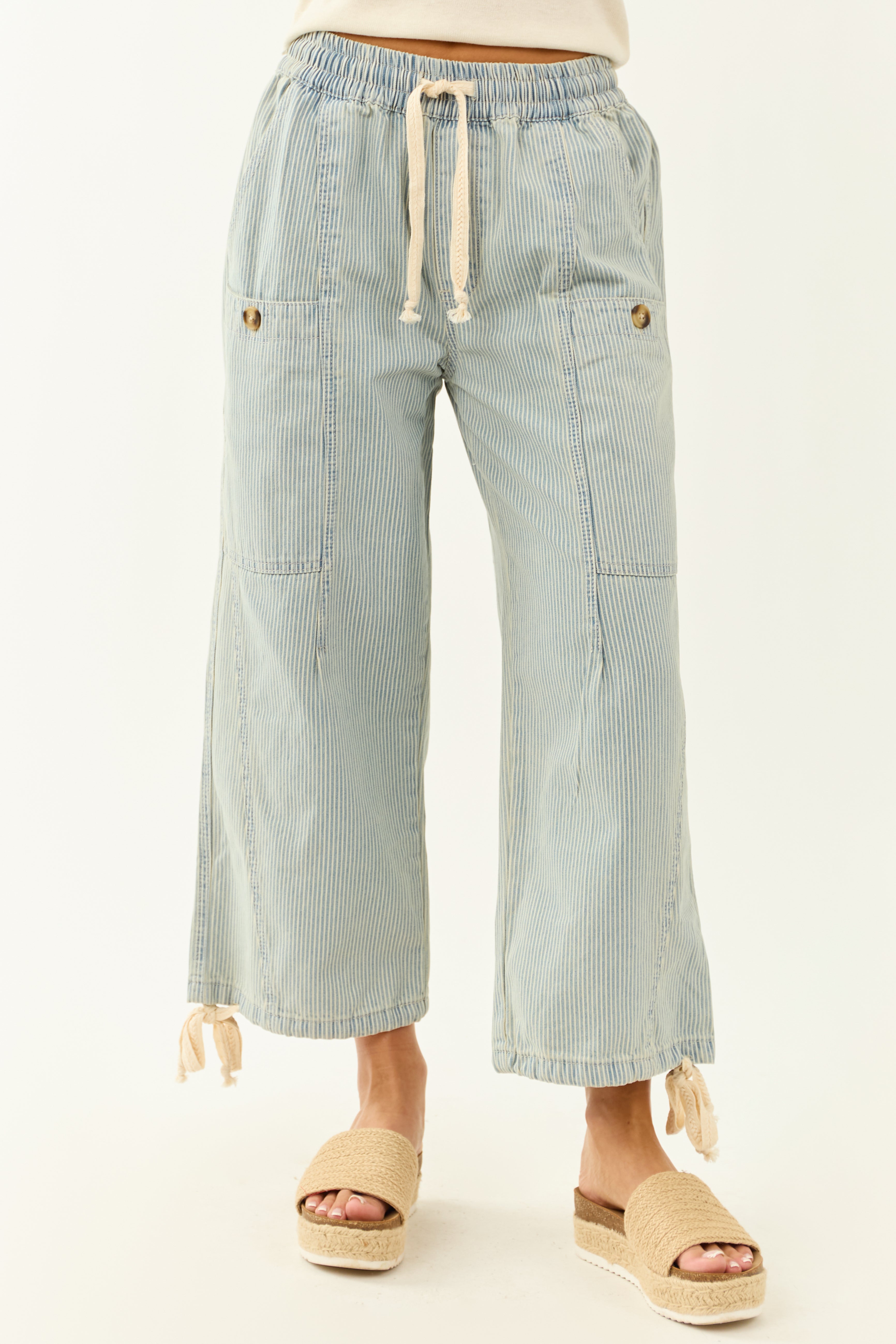 Light Wash Railroad Stripe High Rise Drawstring Pants