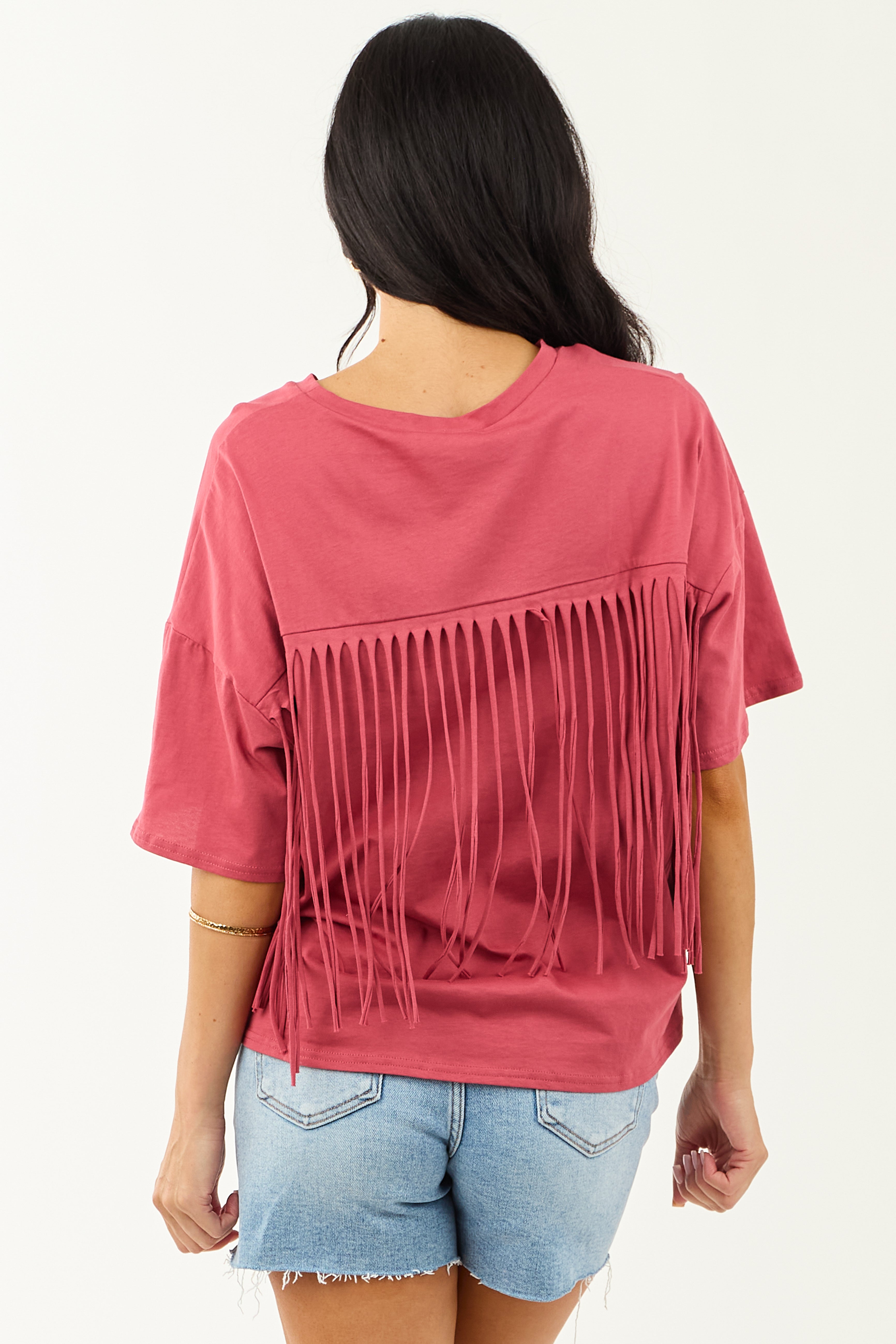 Marsala Half Sleeve Cotton Back Fringe Top