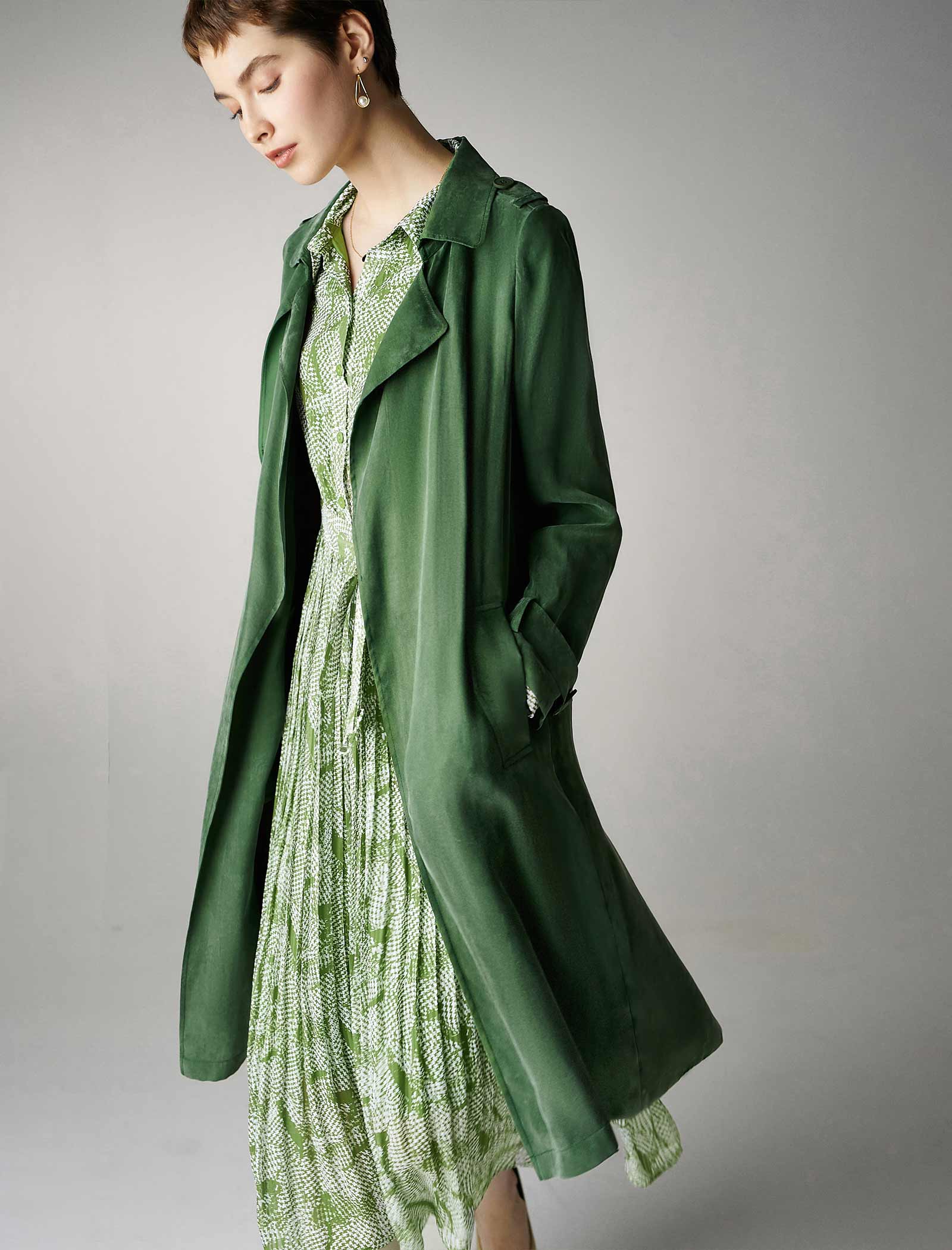 Green Belted 100% Tencel Midi Trench Coat