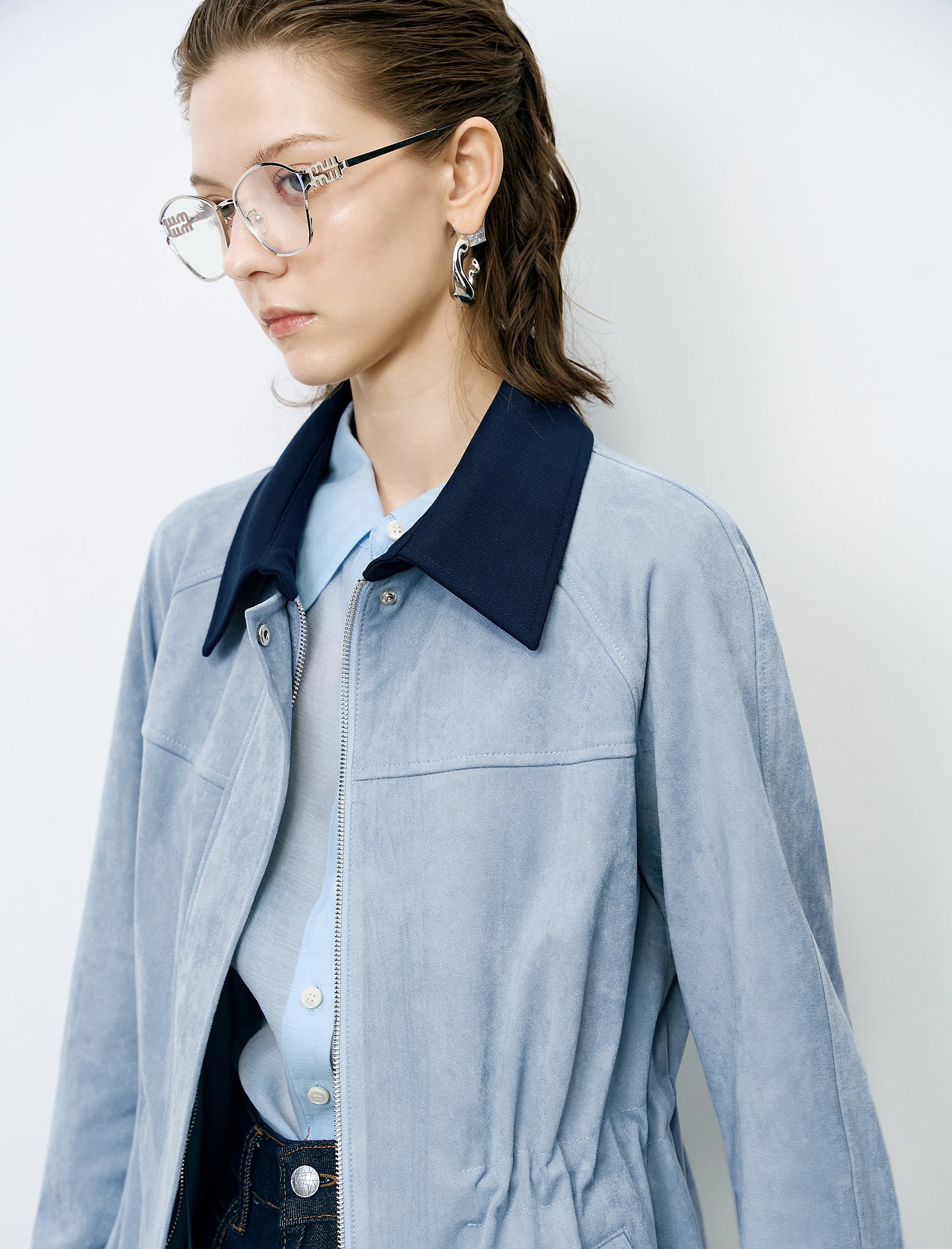Blue Waist-Defining Vintage Trench Coat