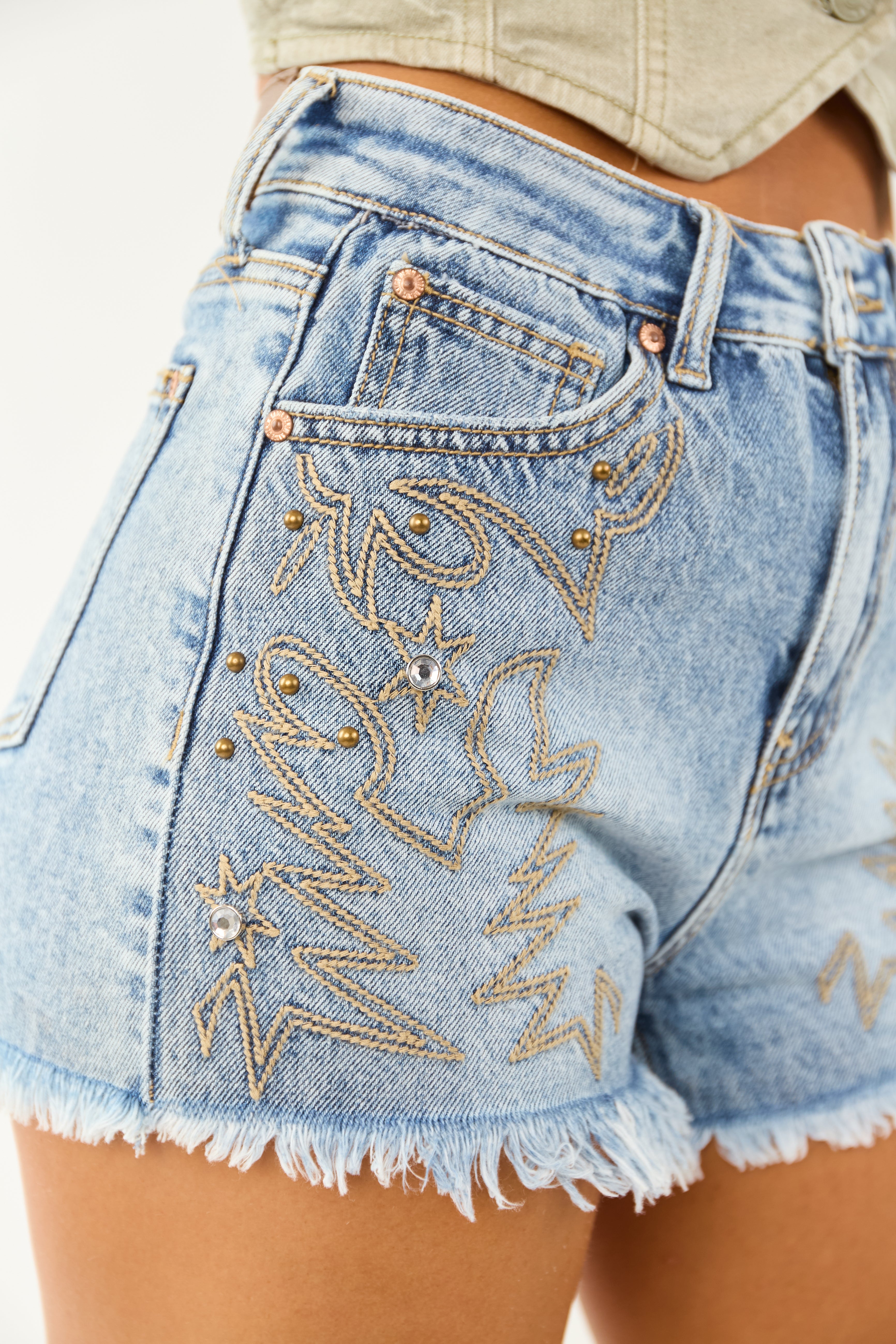 Saige Medium Wash High Rise Western Embroidery Shorts
