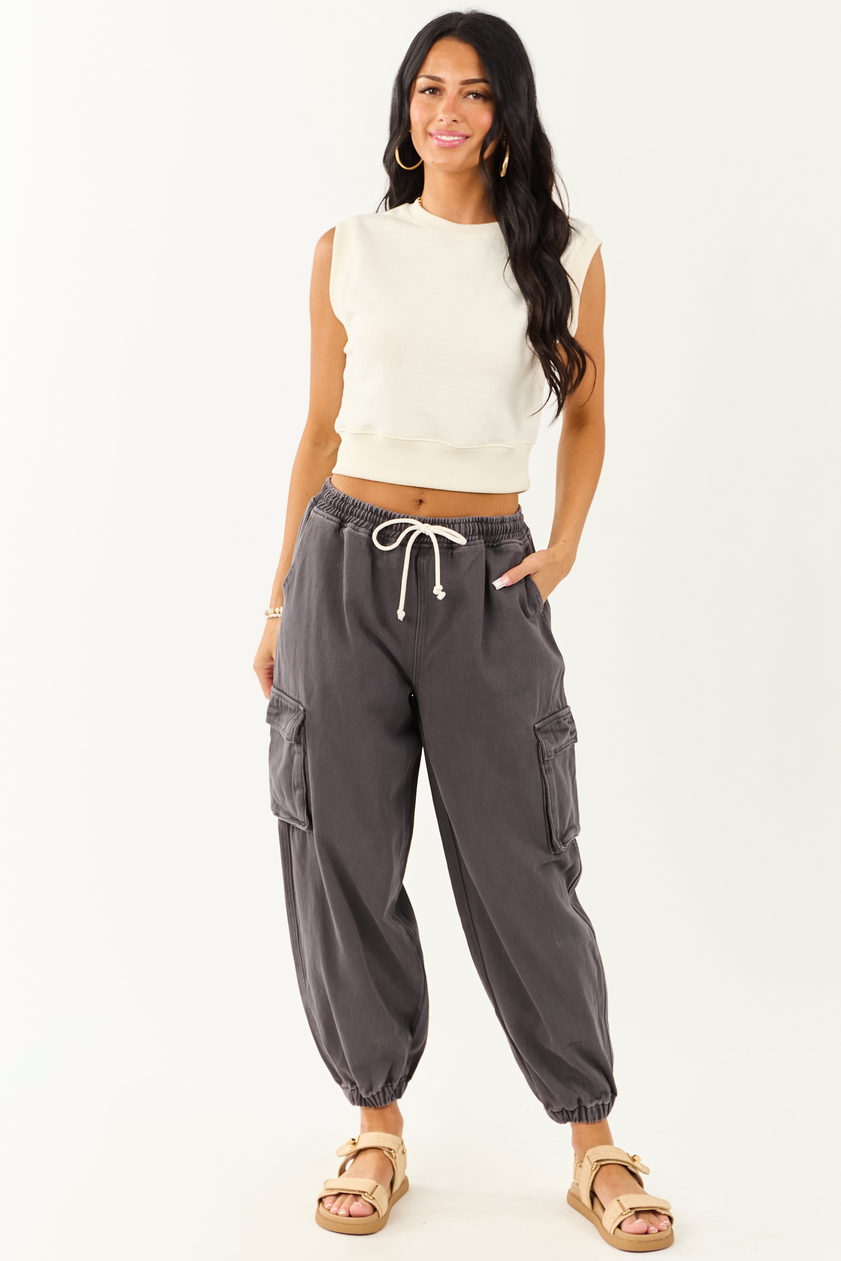 Charcoal Acid Washed Cargo Jogger Jeans