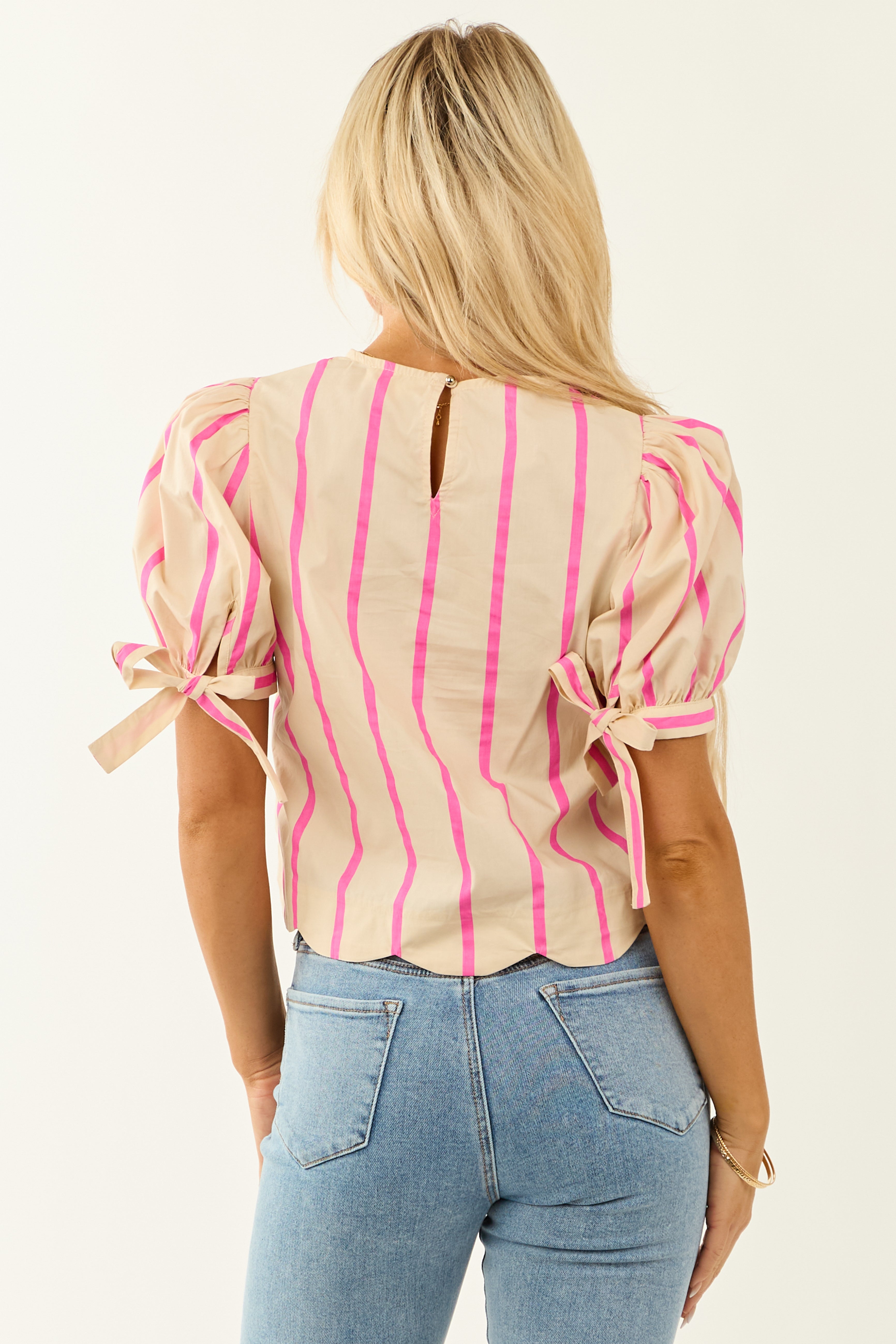 Entro Cream Striped Half Puff Sleeve Cotton Top