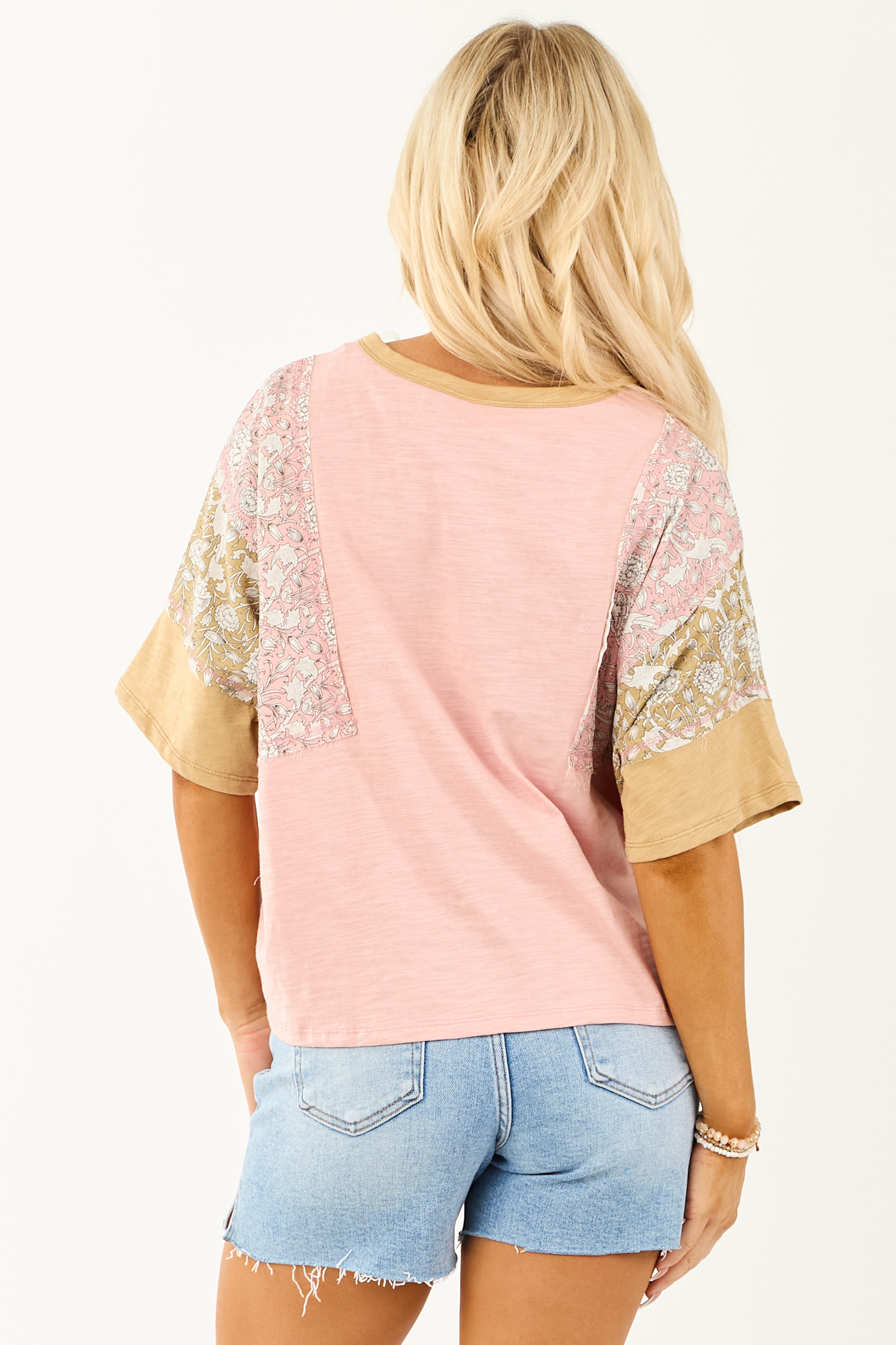 Baby Pink Patchwork Relaxed Half Sleeve Cotton Top