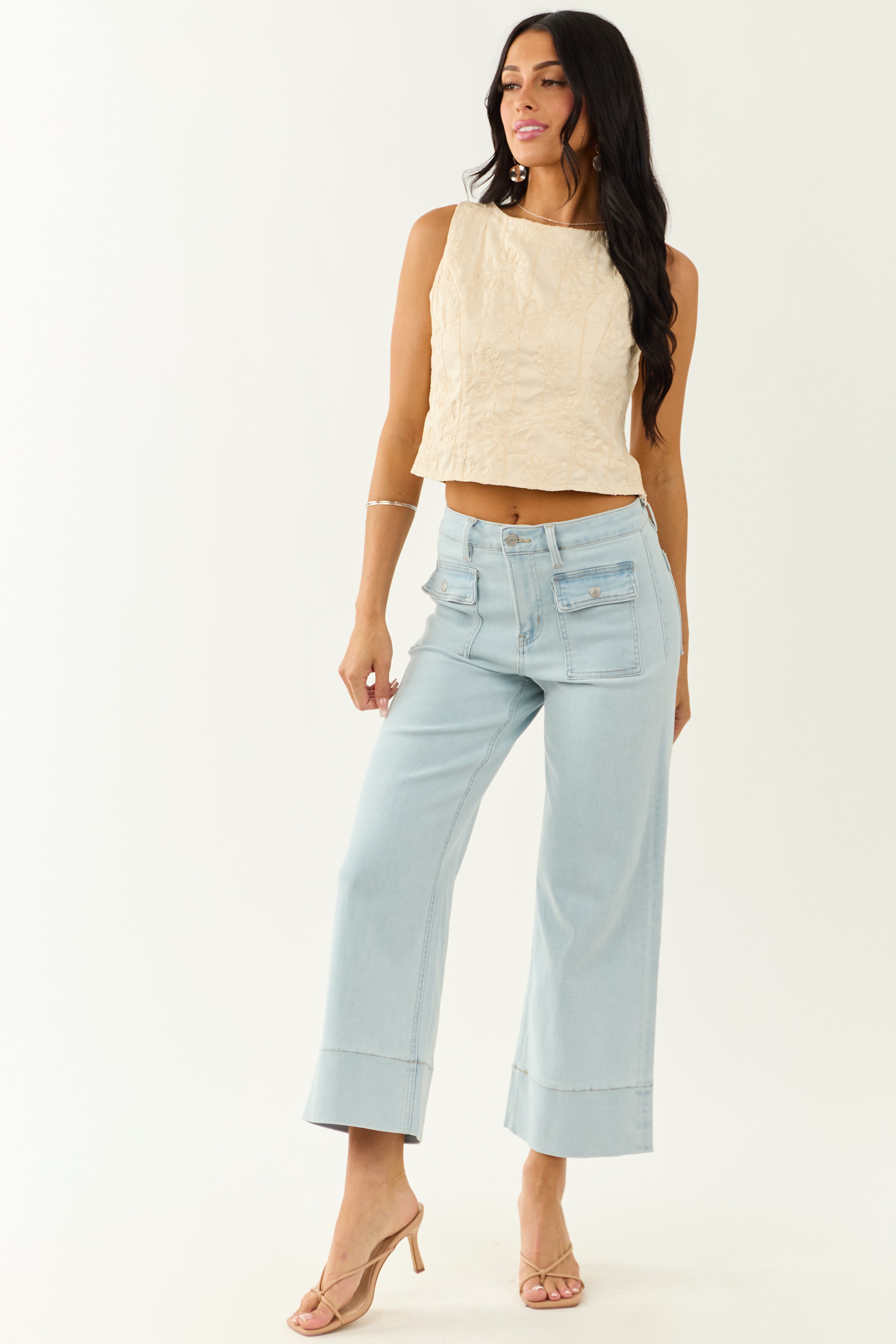 Lovelo Cream Raised Embroidery Cropped Tank Top