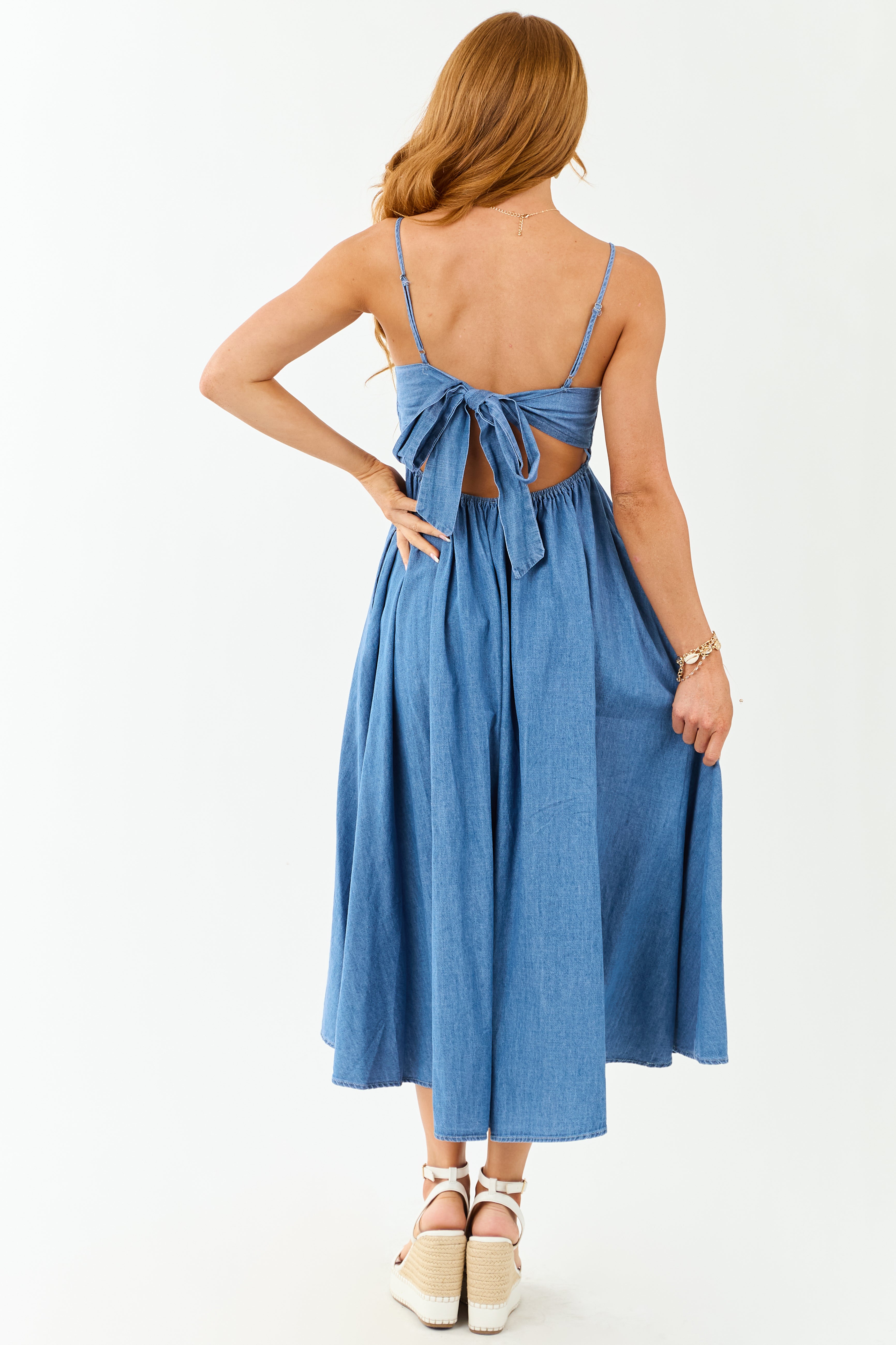 Medium Wash Chambray Denim Open Back Midi Dress