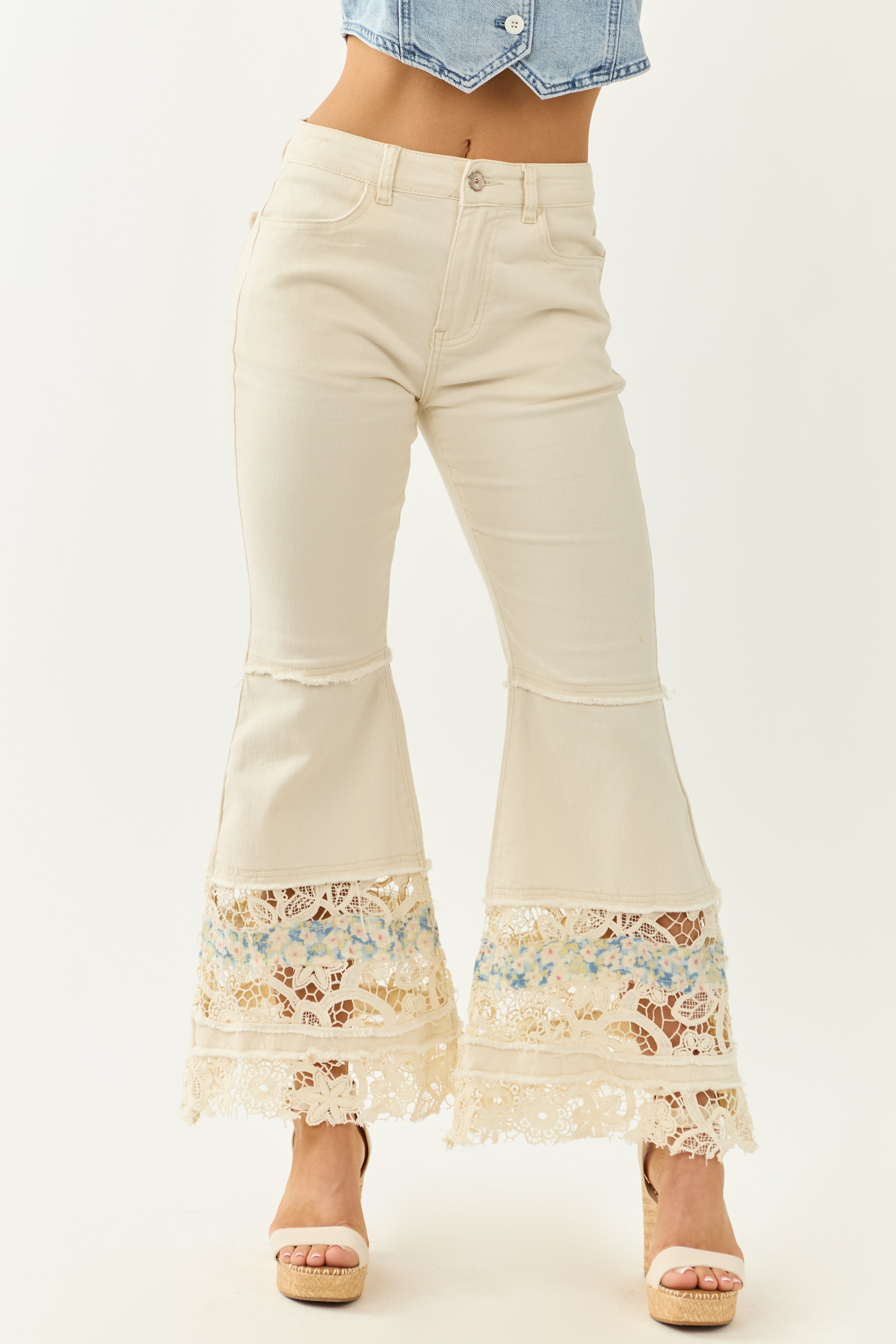 POL Cream Lace Hem High Rise Flare Leg Jeans