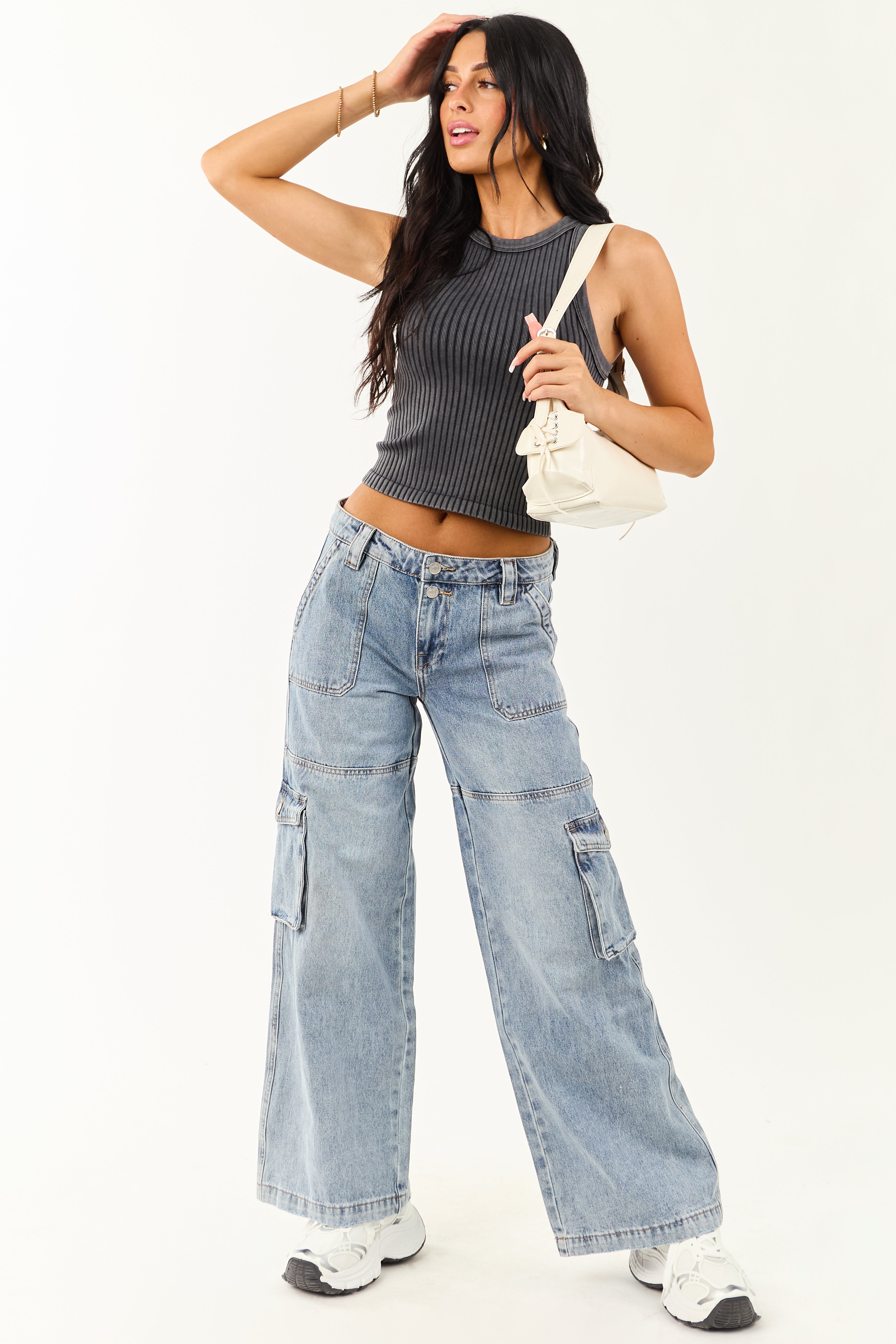 Charcoal Ribbed Stretchy Knit Washed Tank Top