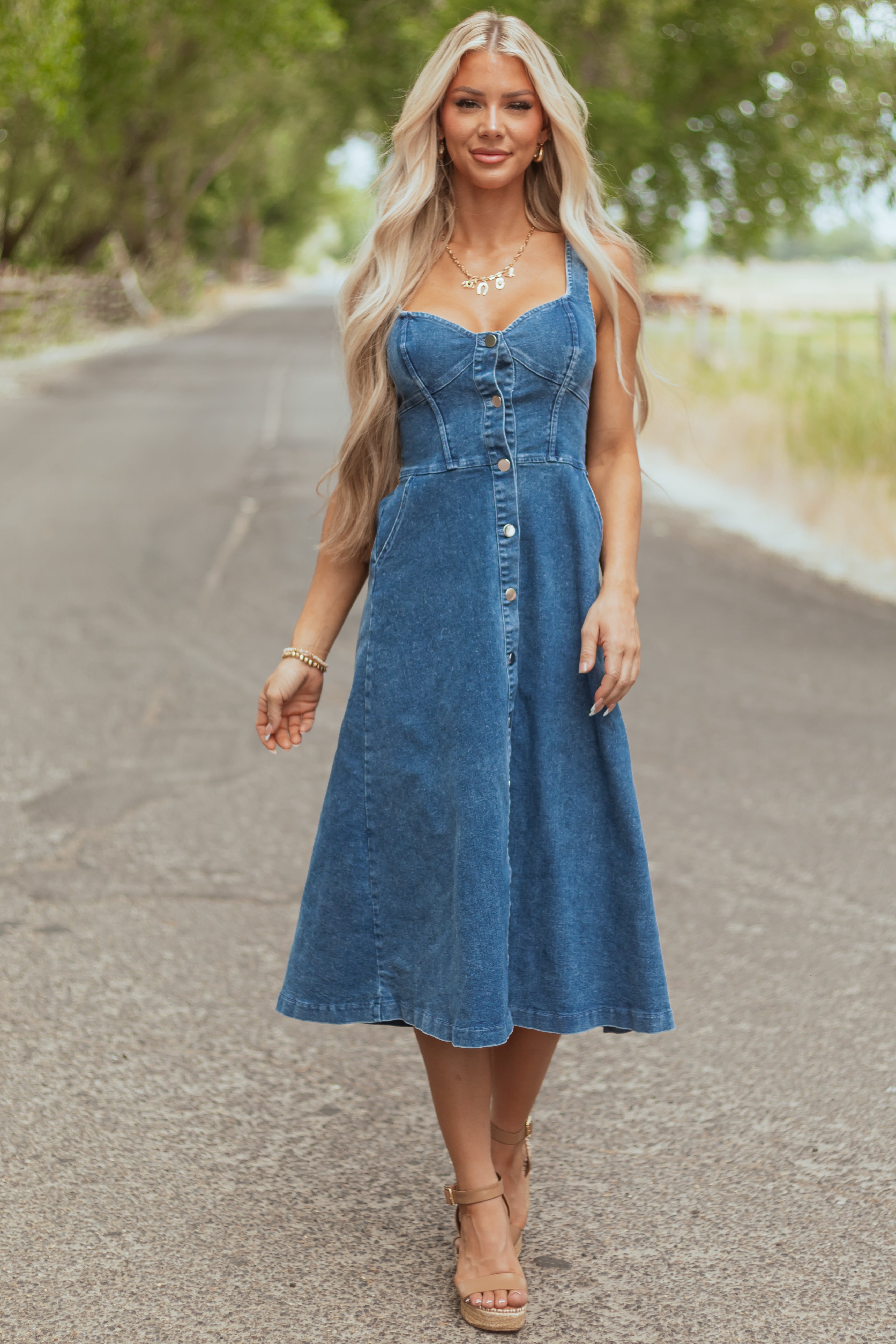 Medium Wash Button Down Sleeveless Denim Midi Dress