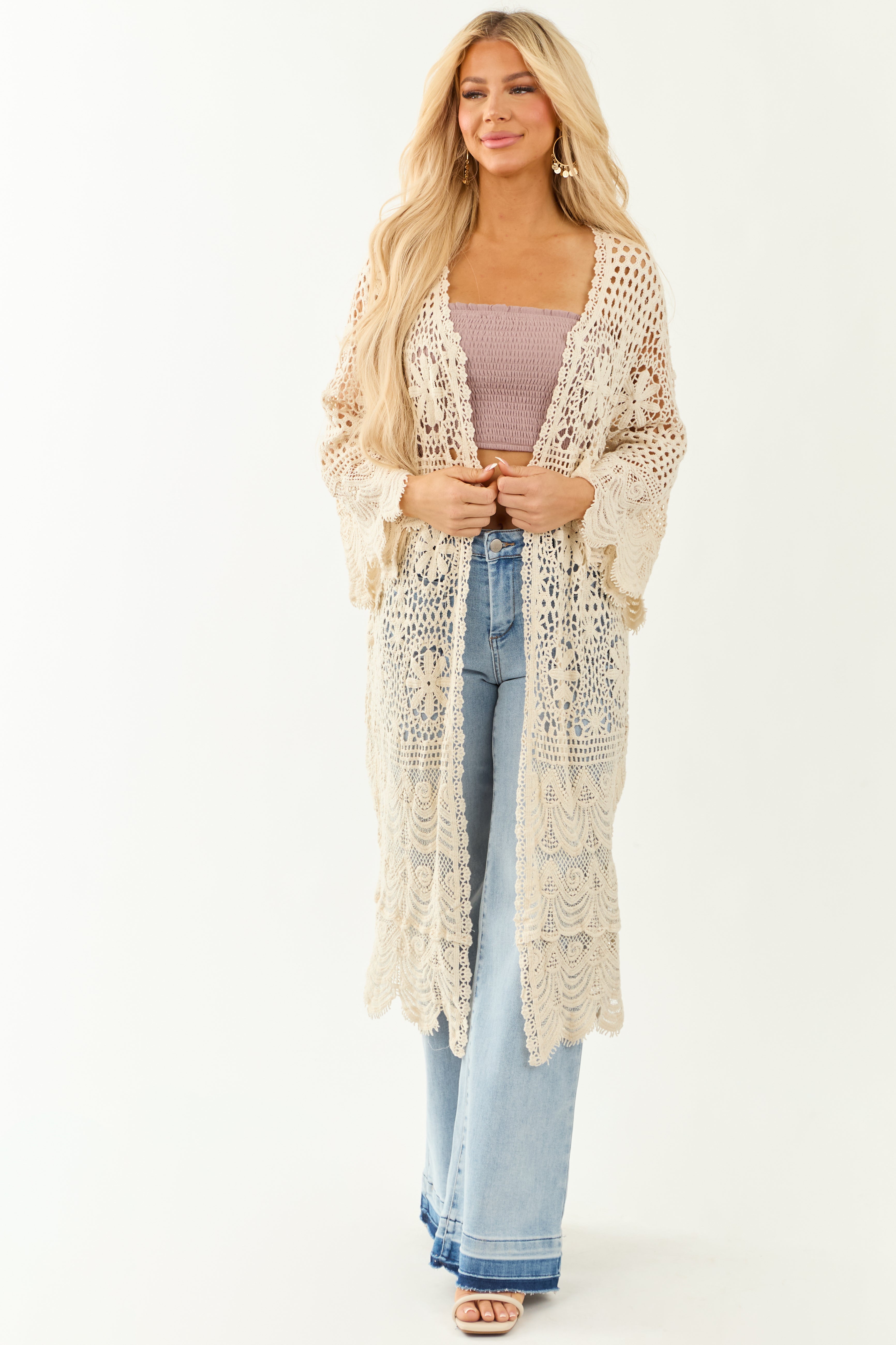 POL Cream Open Crochet Flare Sleeve Duster Cardigan