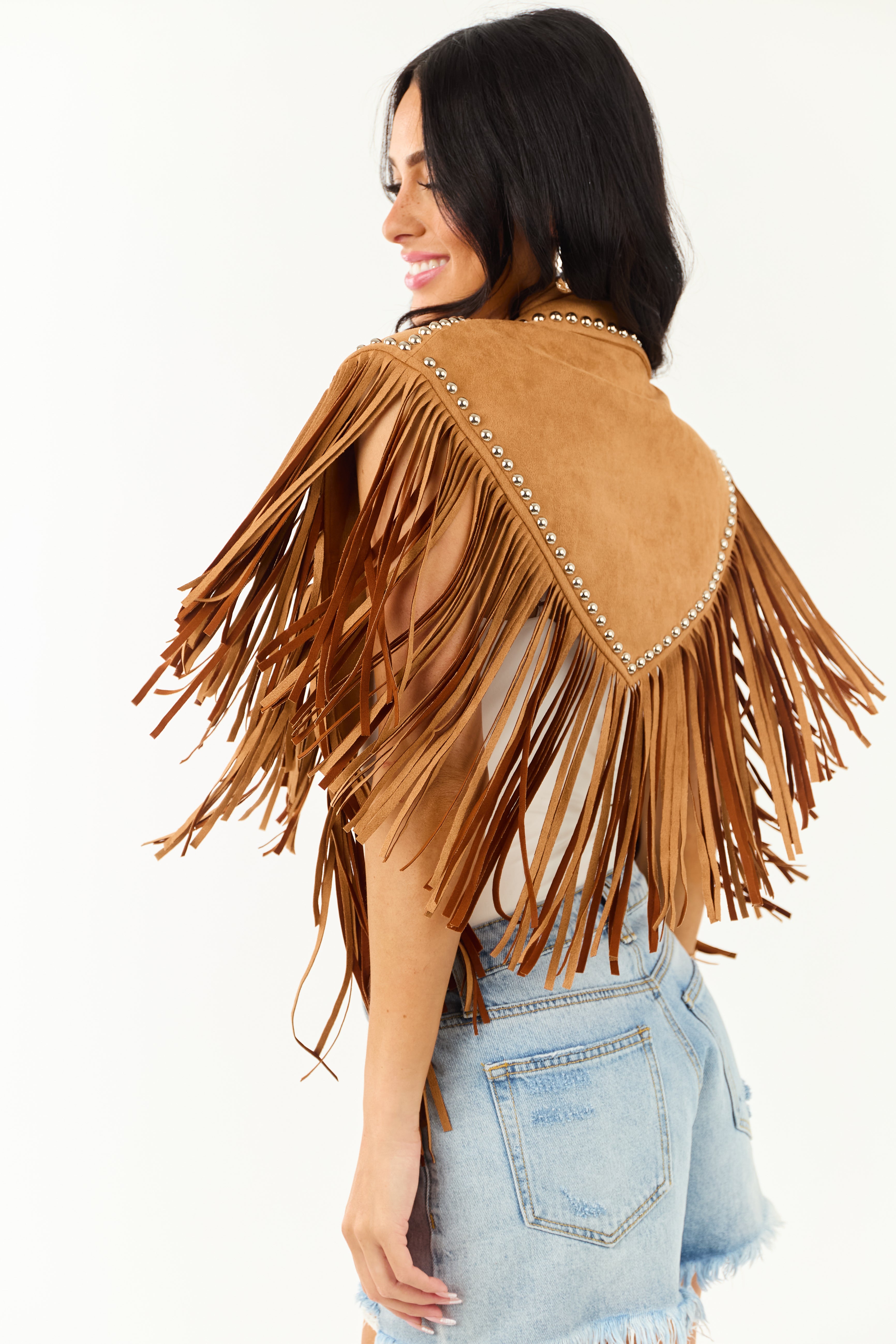 Brown Sugar Faux Suede Studded Fringe Shawl