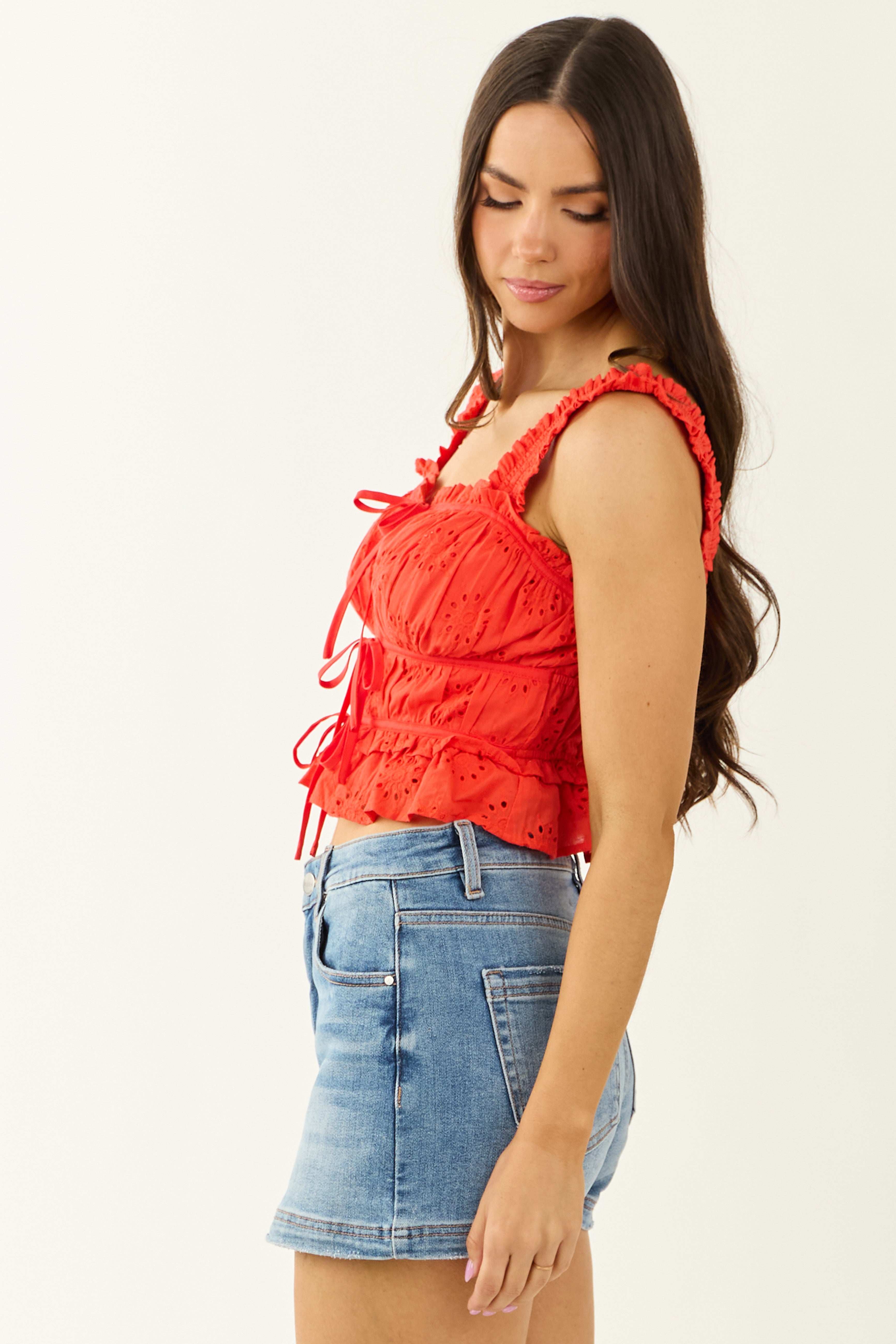Entro Scarlet Floral Eyelet Ruffle Hem Tank Top