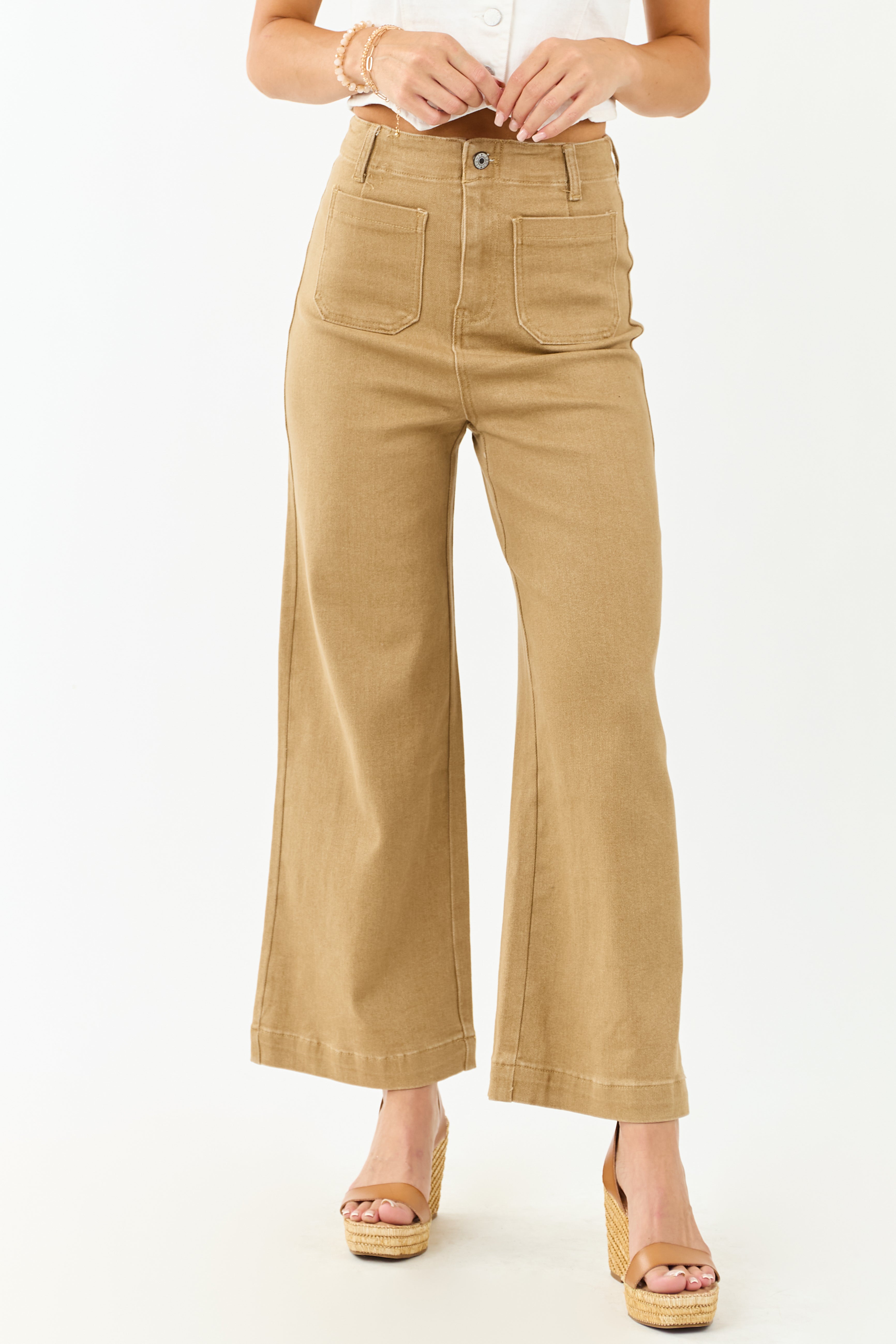 Lovelo Camel Patch Pocket High Rise Wide Leg Jeans