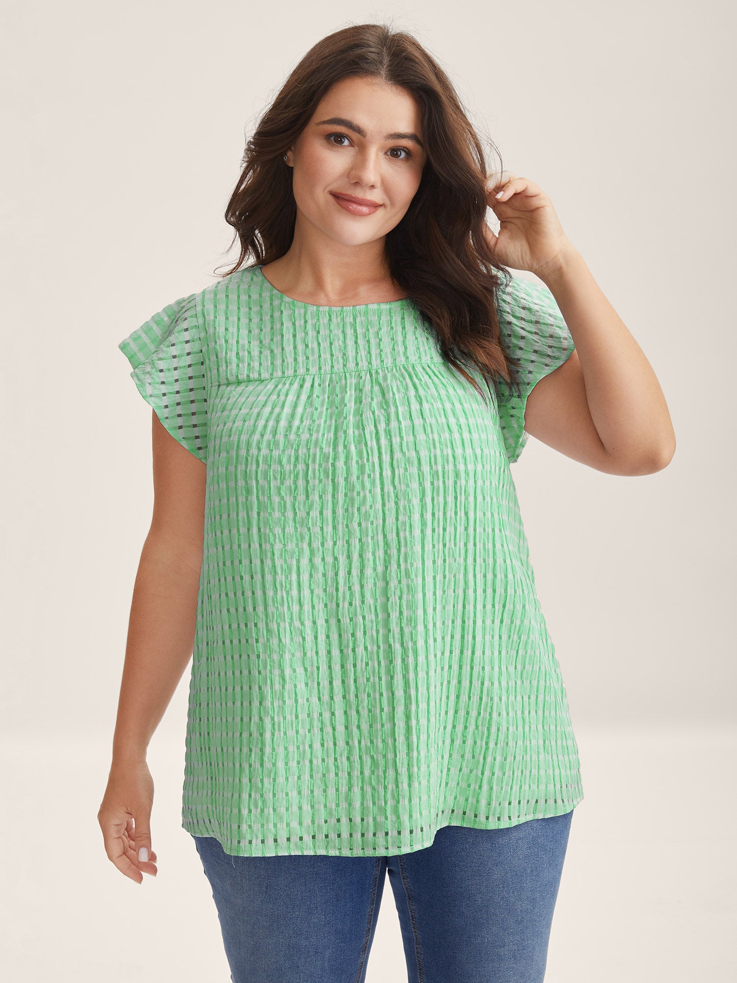 Textured Sheer Lined Flutter Sleeve Blouse