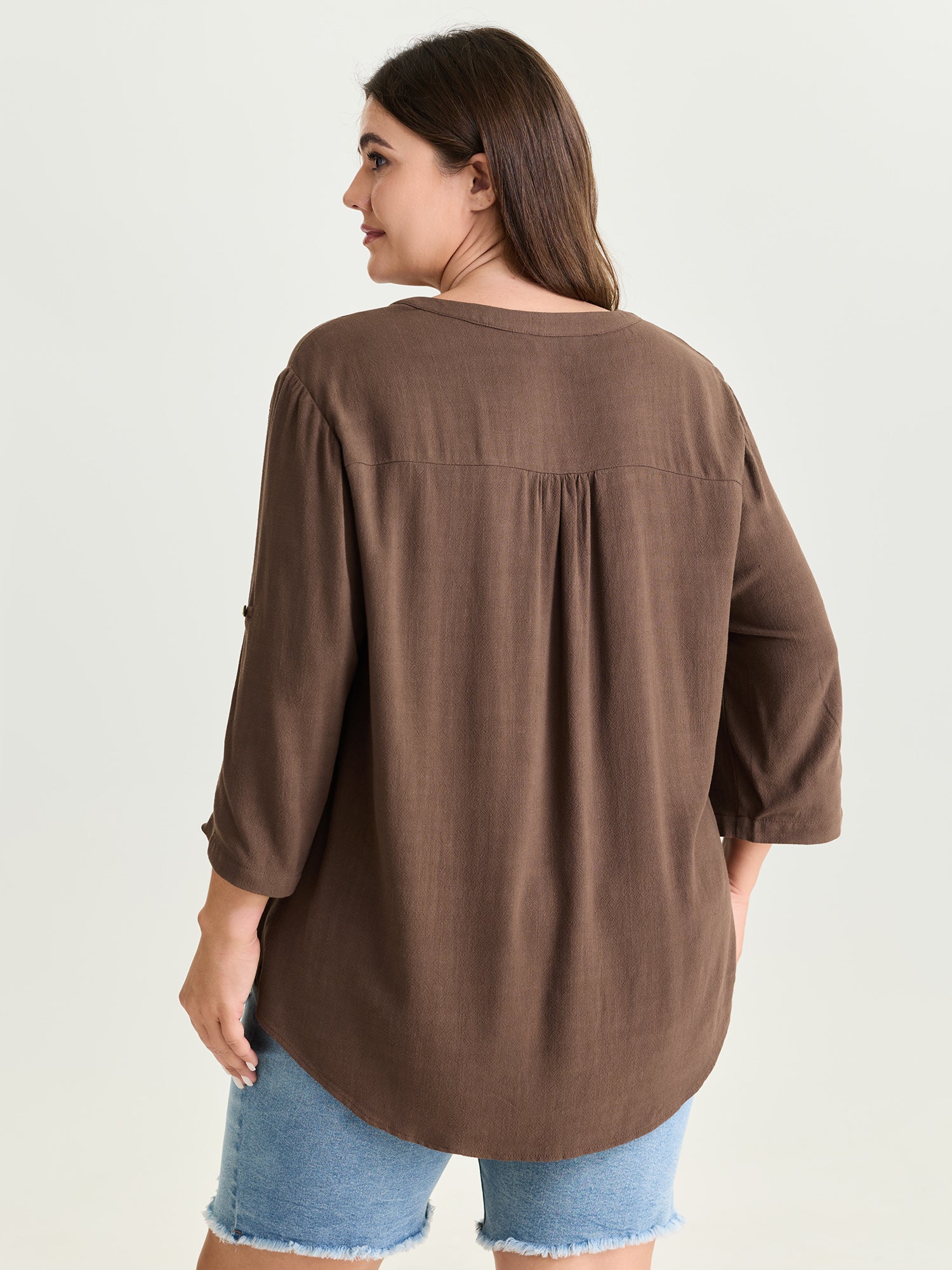 Lace Trim Neckline Tab Sleeve Blouse