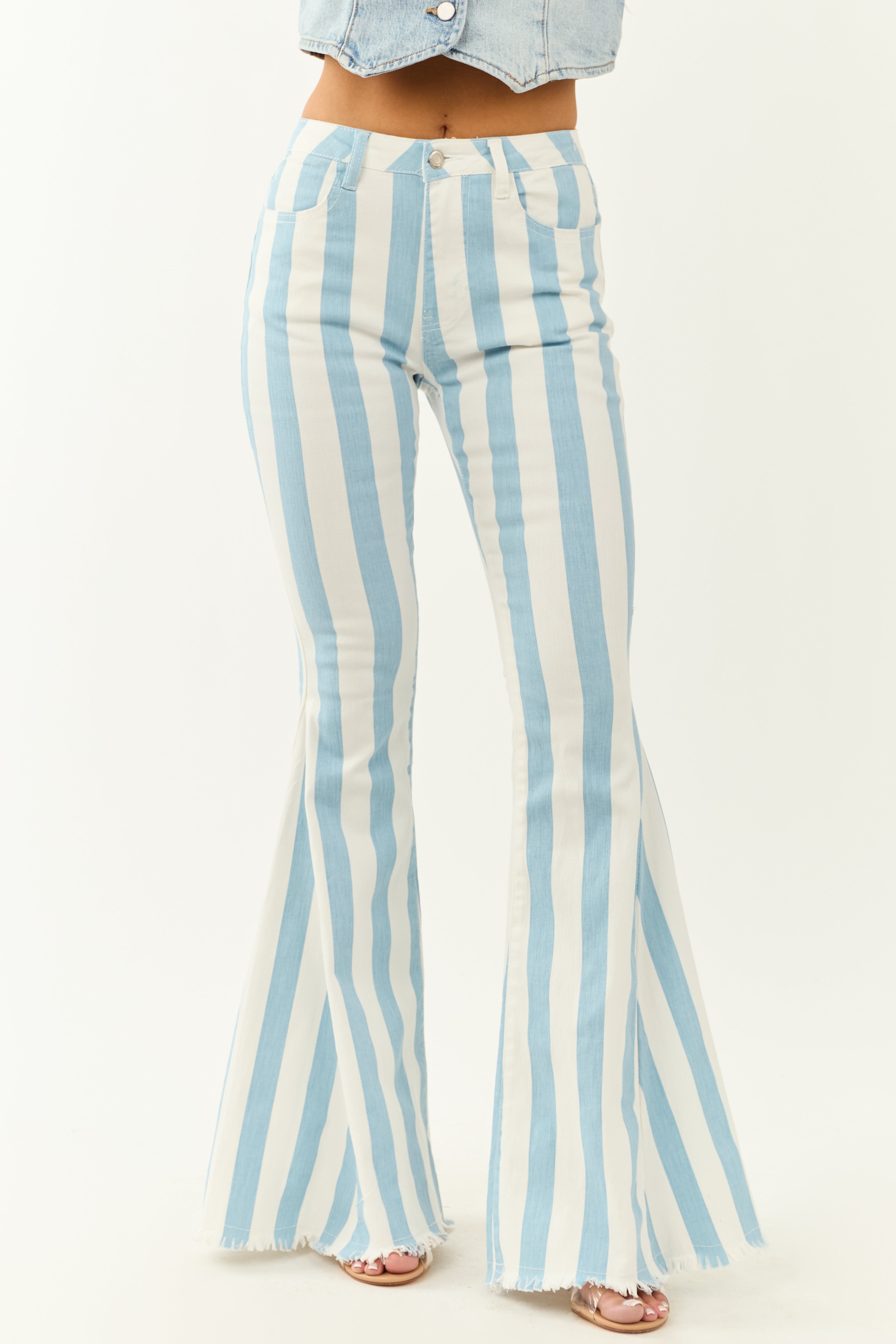 Powder Blue Striped Stretchy High Rise Flare Jeans