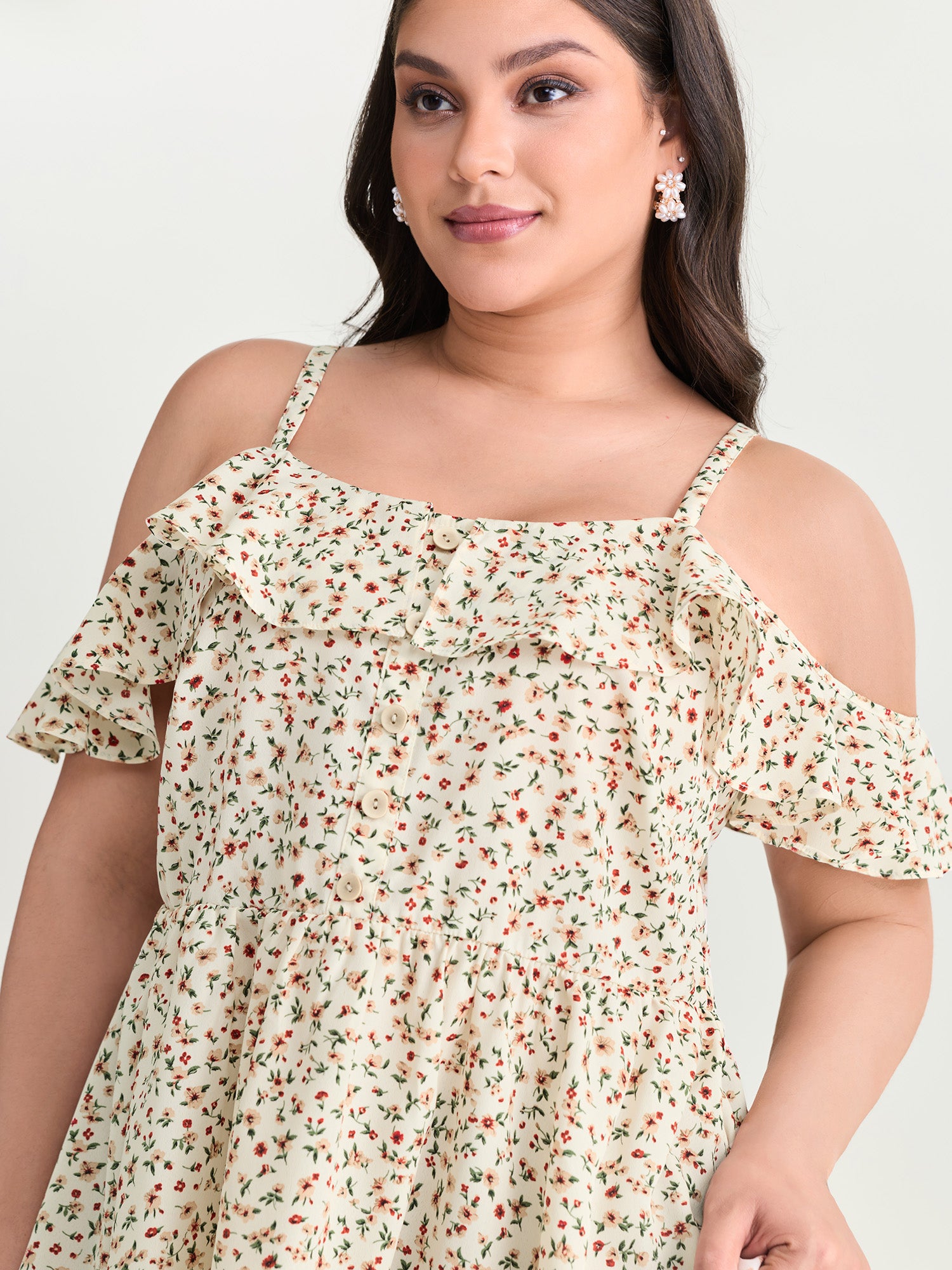 Floral Print Ruffled Cold Shoulder Blouse