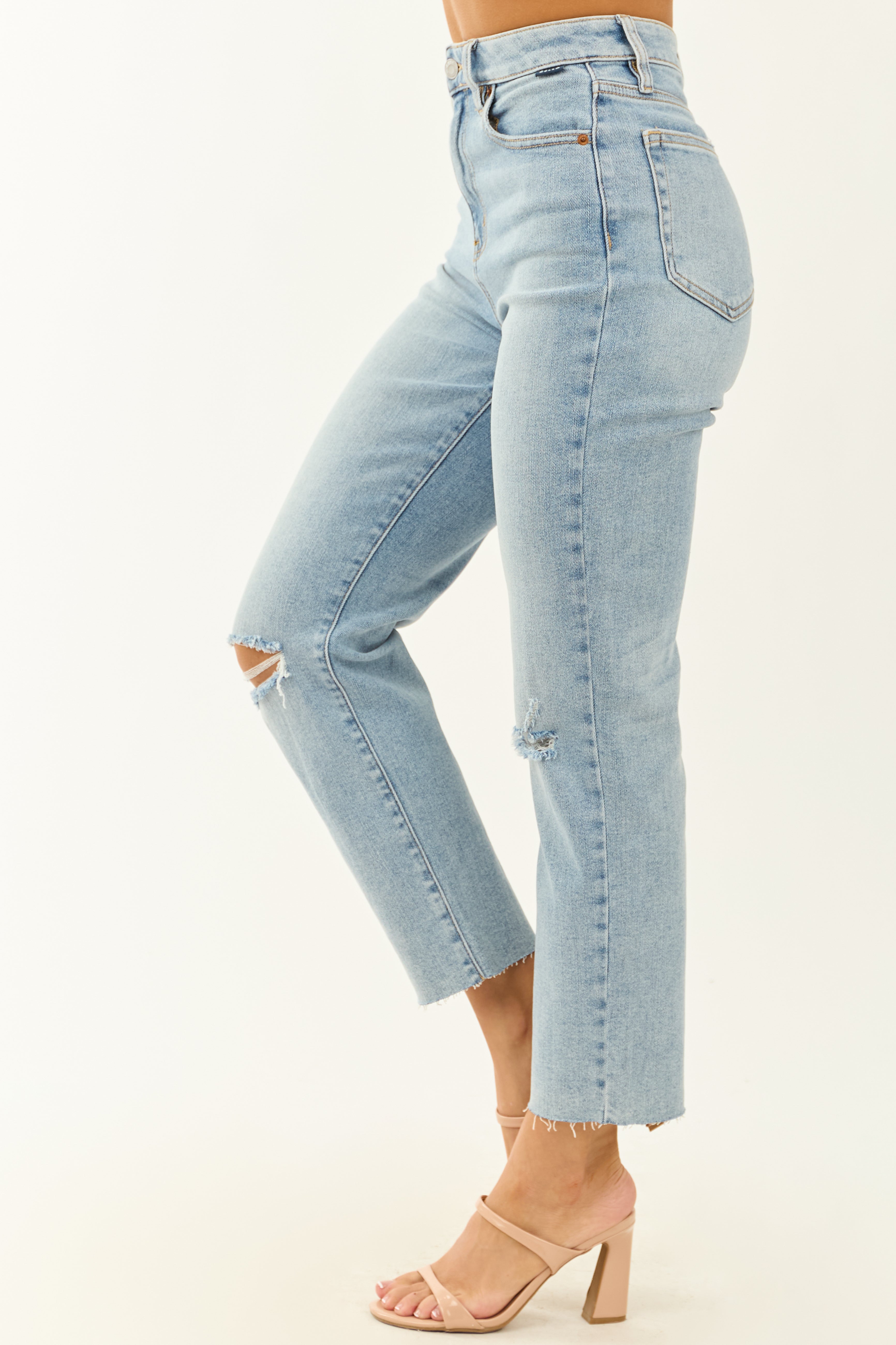 Cello Light Wash Stretchy Distressed Straight Jeans
