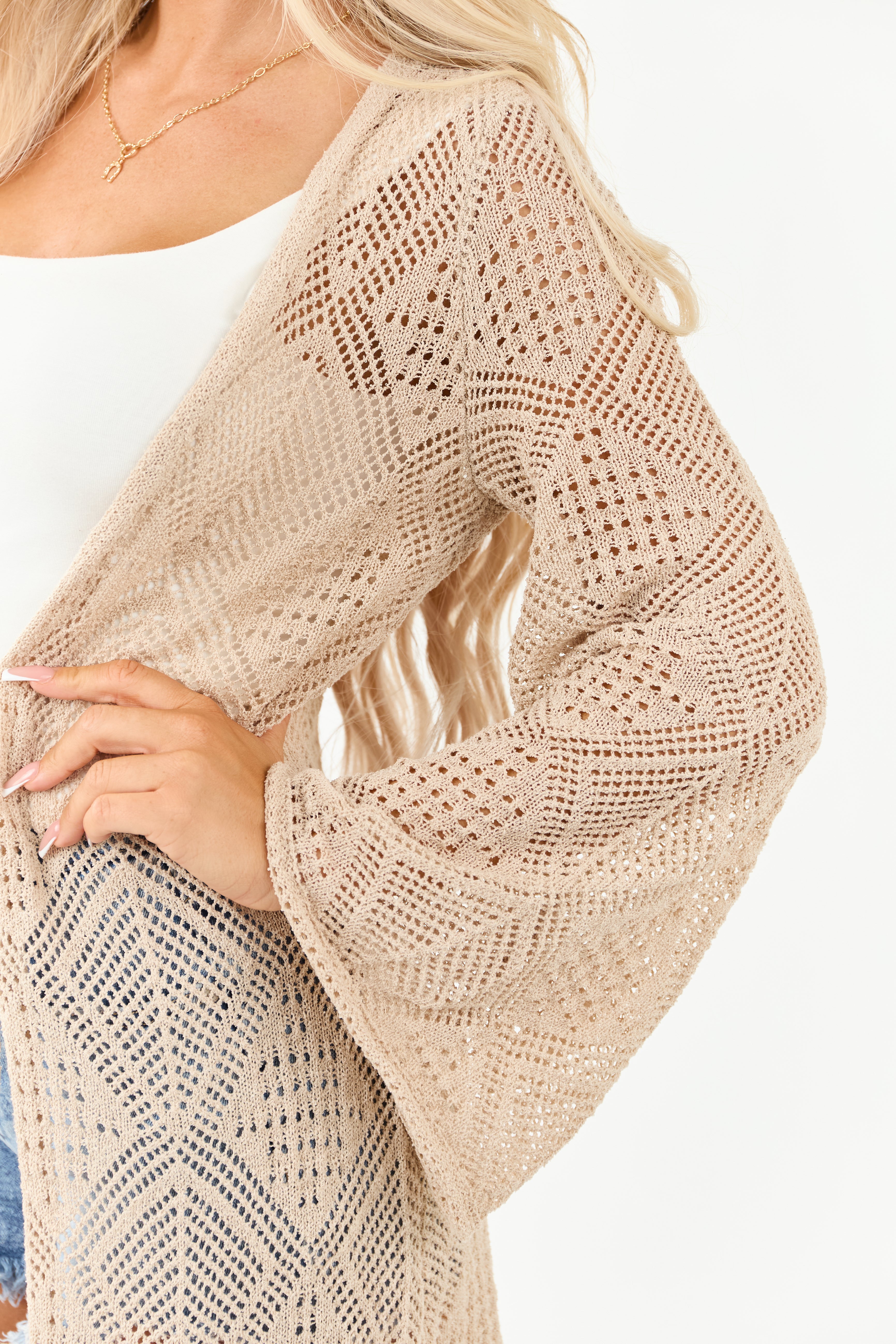 Almond Tie Front Flare Sleeve Knit Duster Cardigan