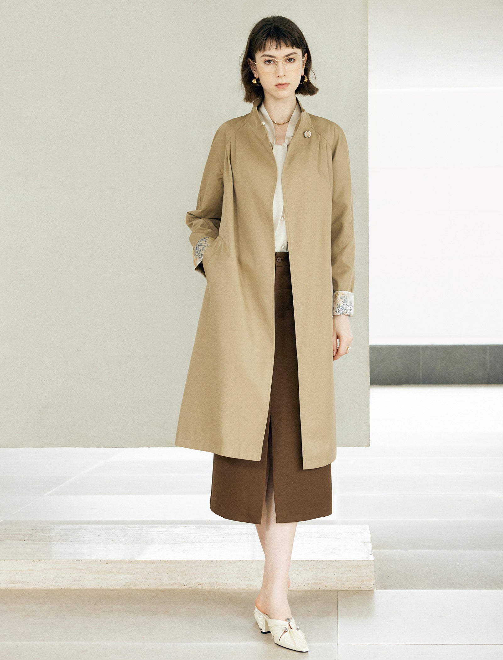 Floral Cuff Stand-Up Collar Belted Trench Coat