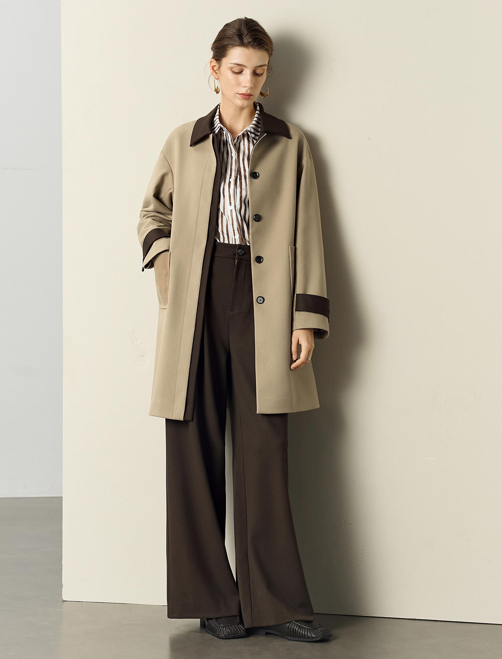 Contrast-Trim Trench Coat