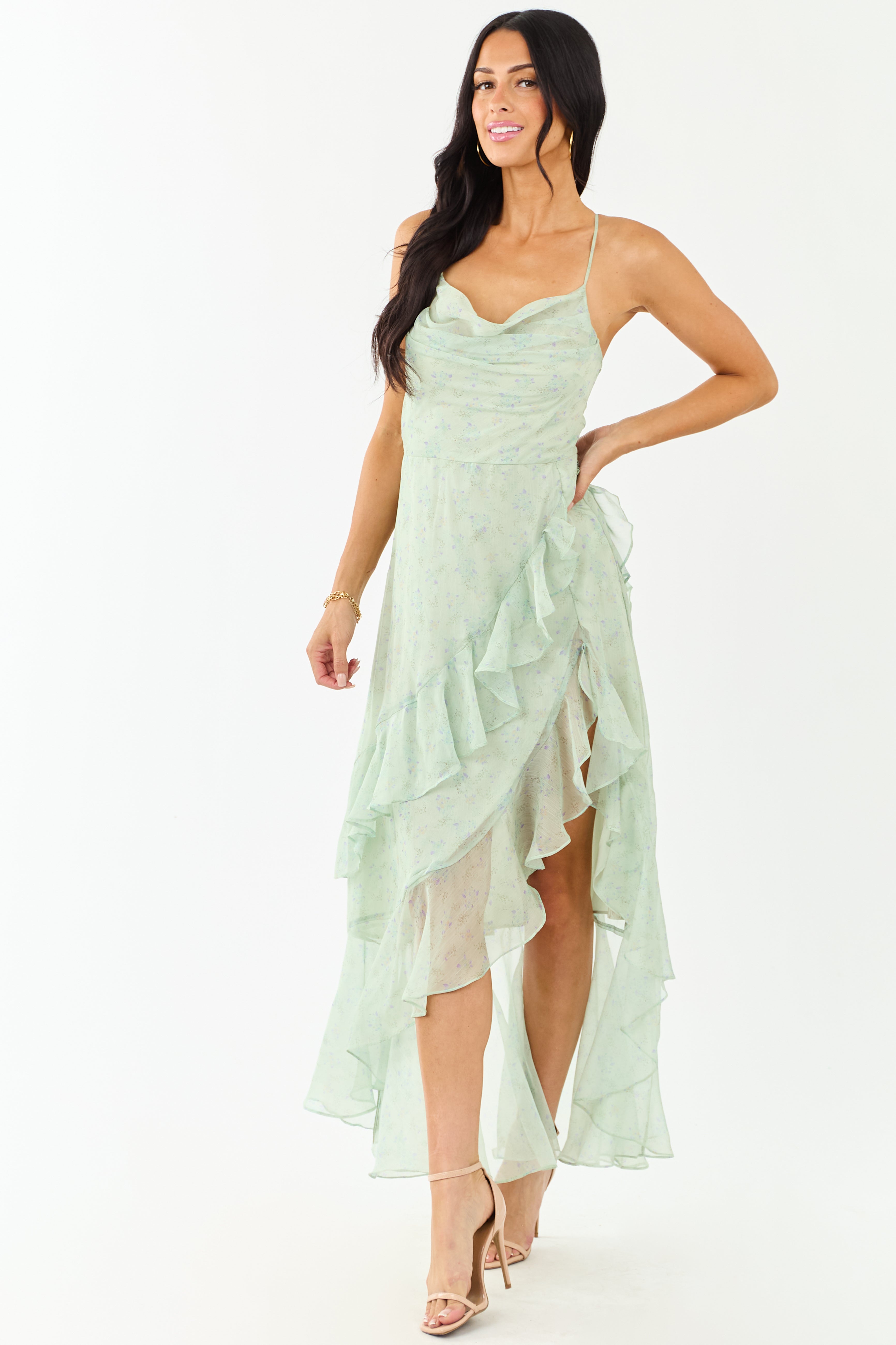 Sage Ditsy Floral Chiffon Ruffle High Slit Maxi Dress