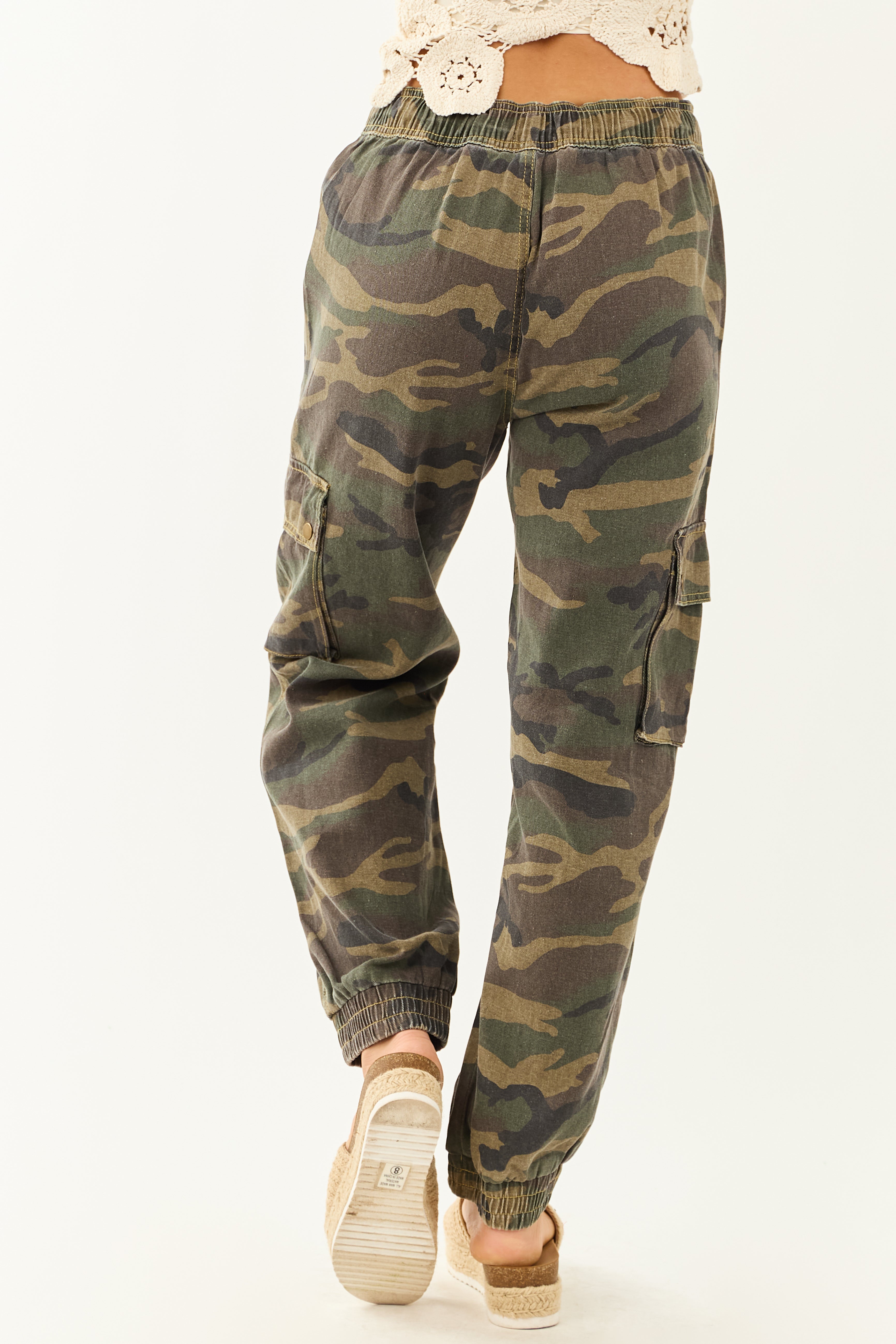 POL Army Green Camouflage Print Denim Cargo Joggers