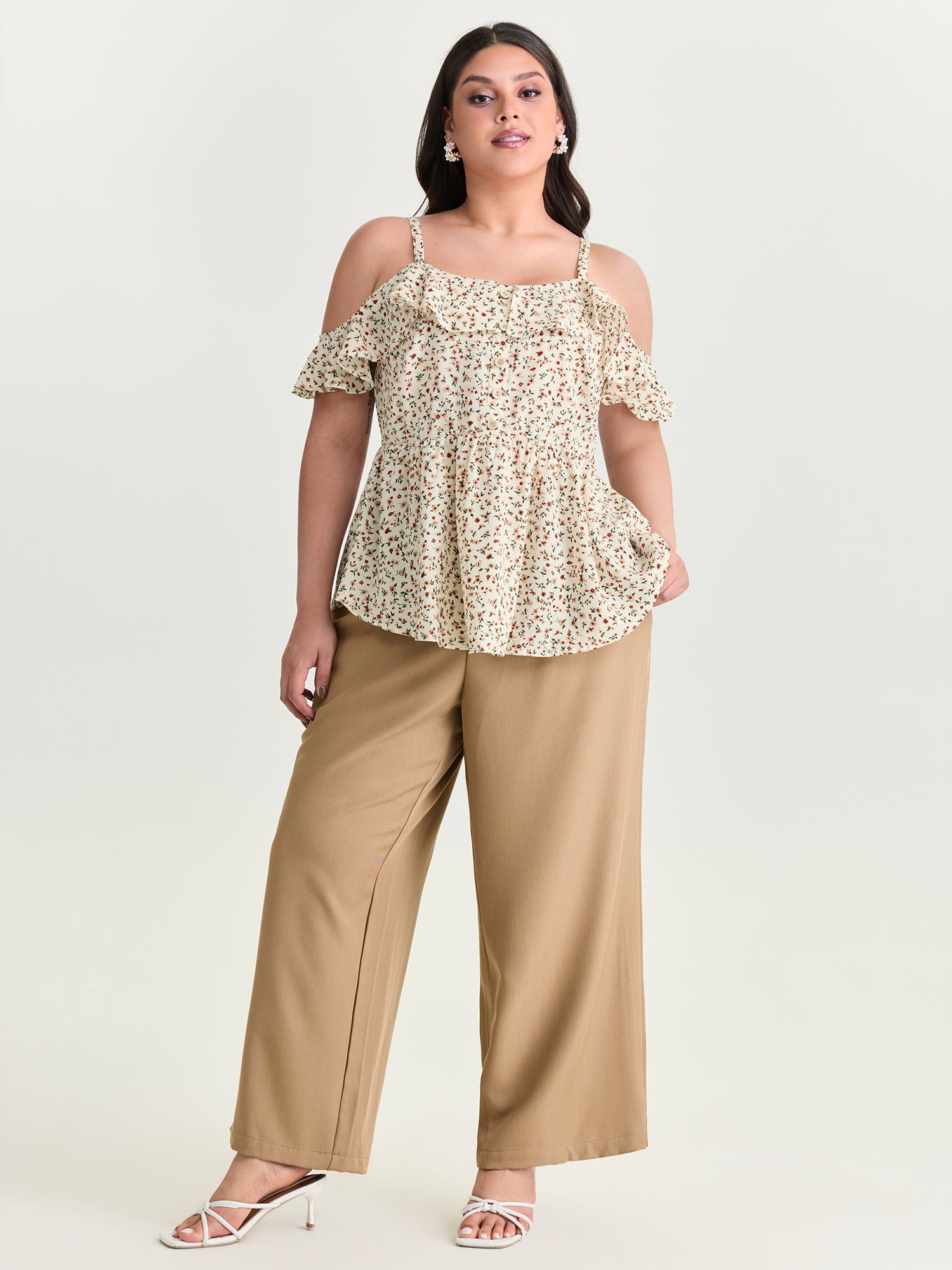 Floral Print Ruffled Cold Shoulder Blouse