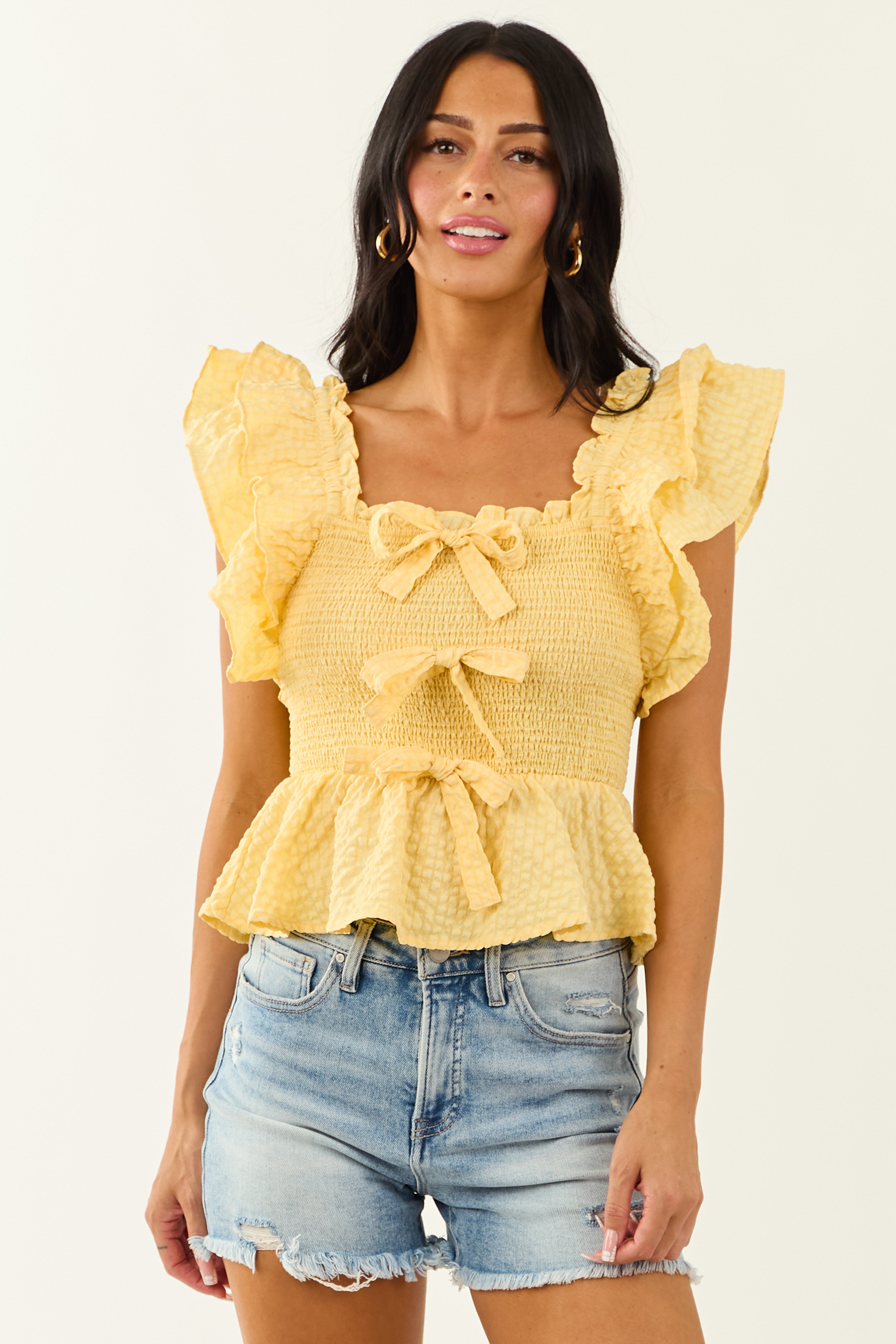 Entro Lemon Gingham Smocked Ruffle Top