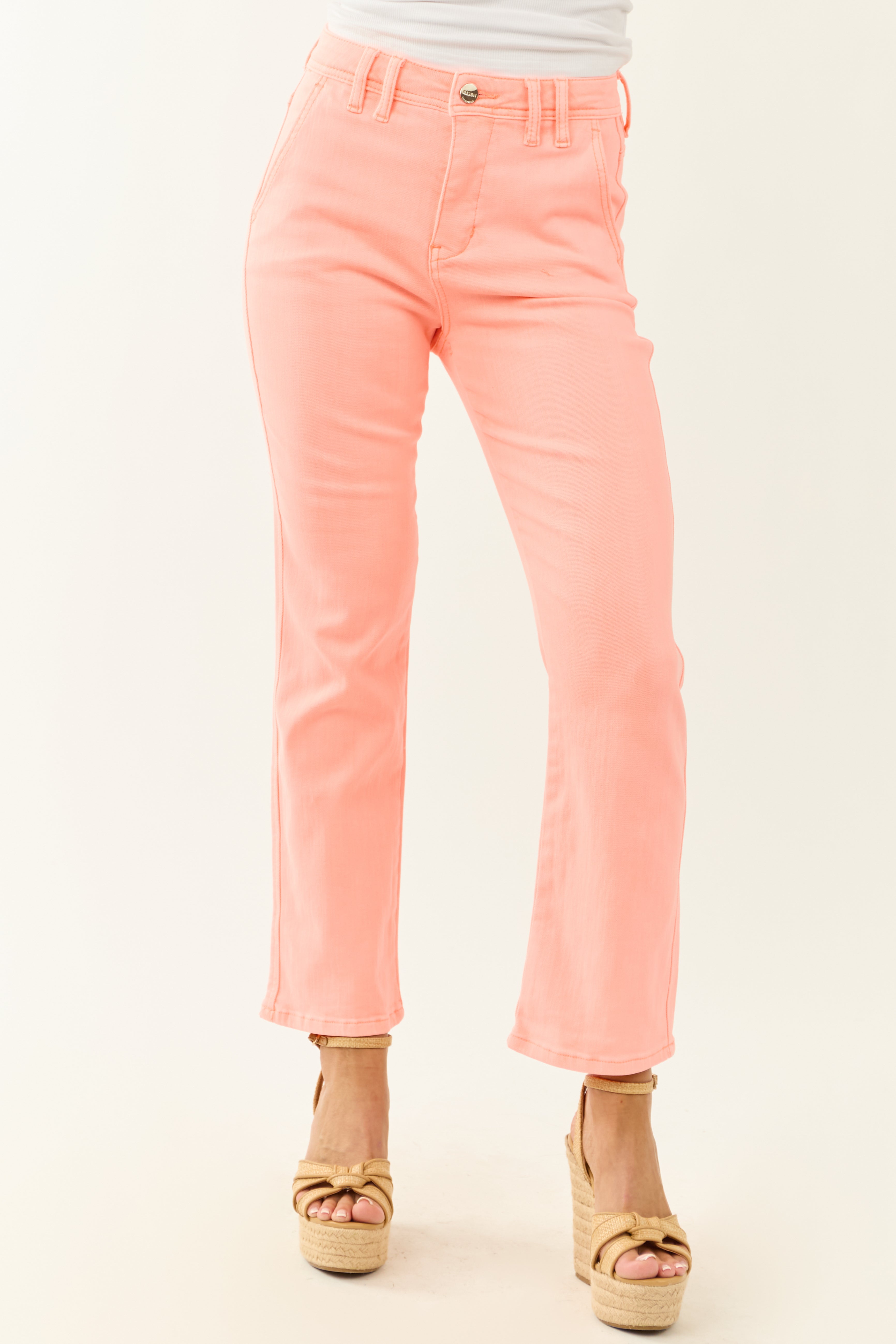 Risen Neon Coral Straight Tummy Control Stretchy Jeans