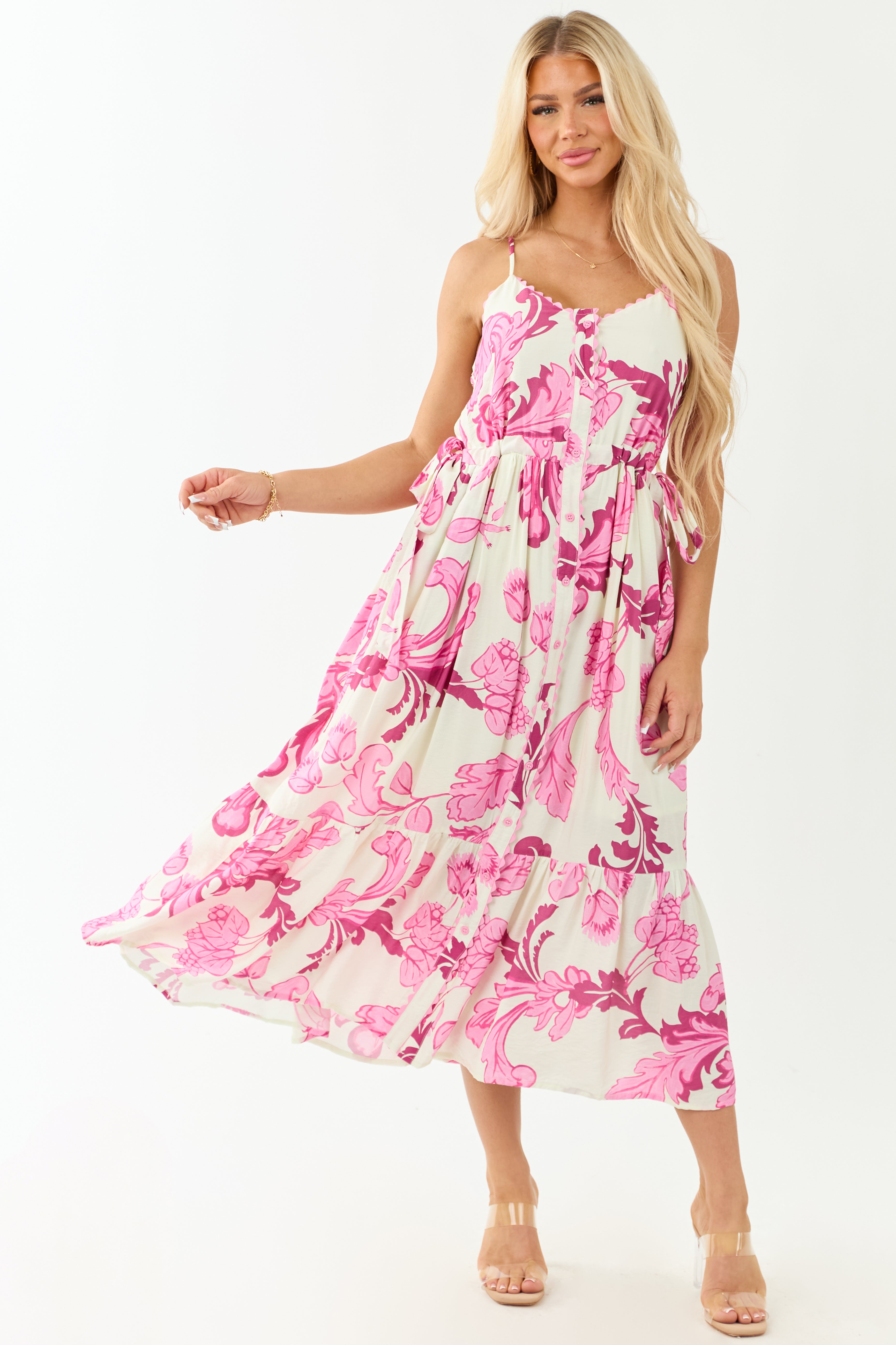Entro Cream Floral Buttoned Sleeveless Maxi Dress