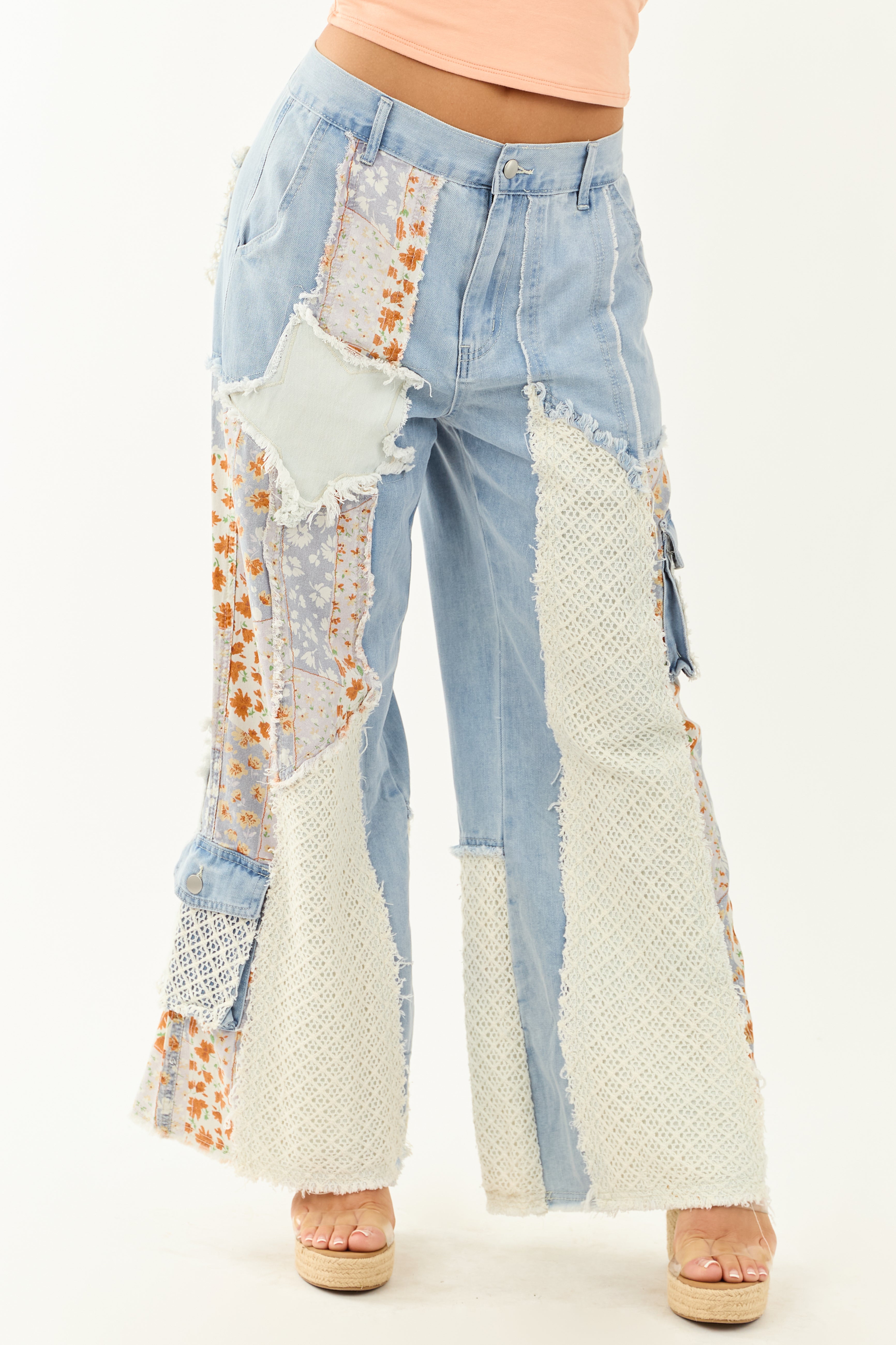 POL Medium Wash Patchwork Wide Leg Cargo Pants