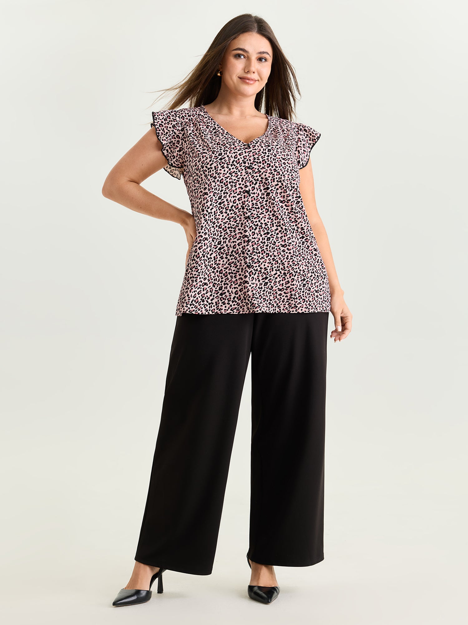 Leopard Print Flutter Sleeve Button Blouse