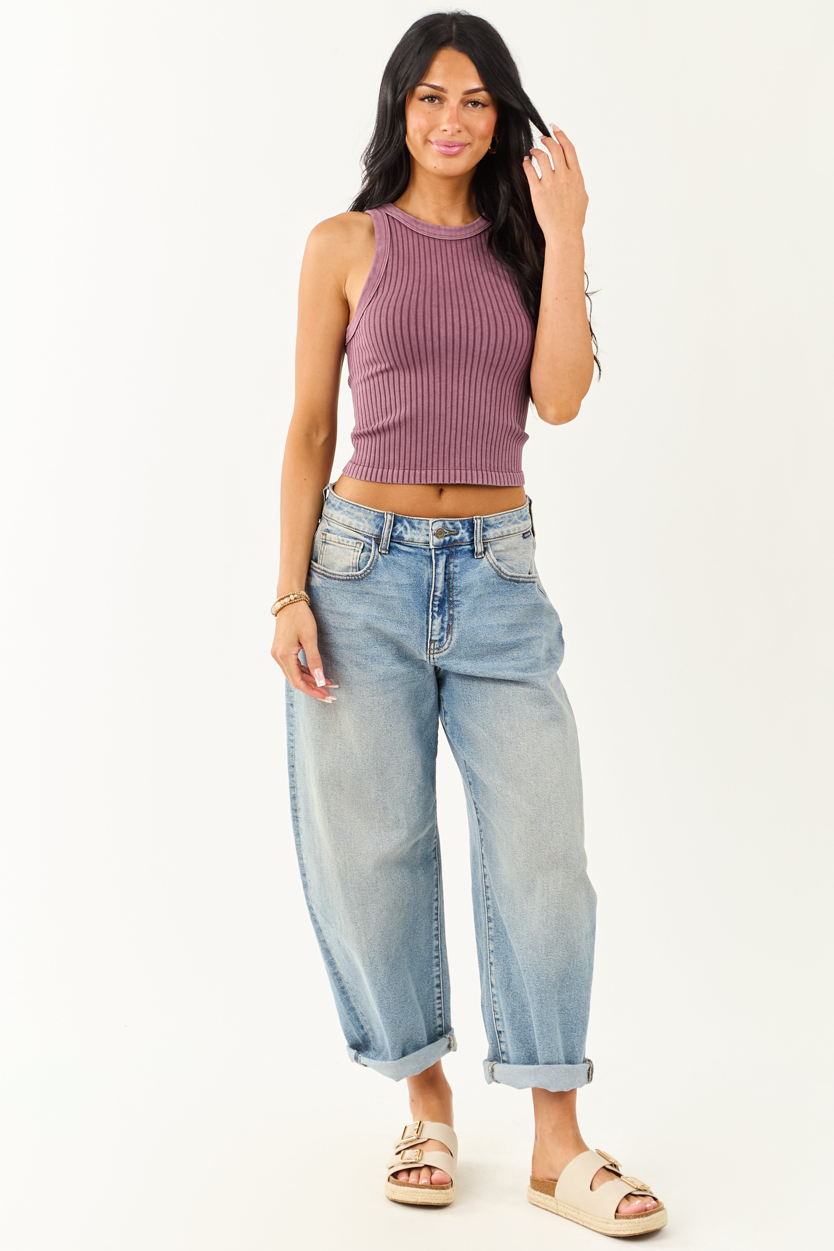 Plum Ribbed Stretchy Knit Washed Tank Top