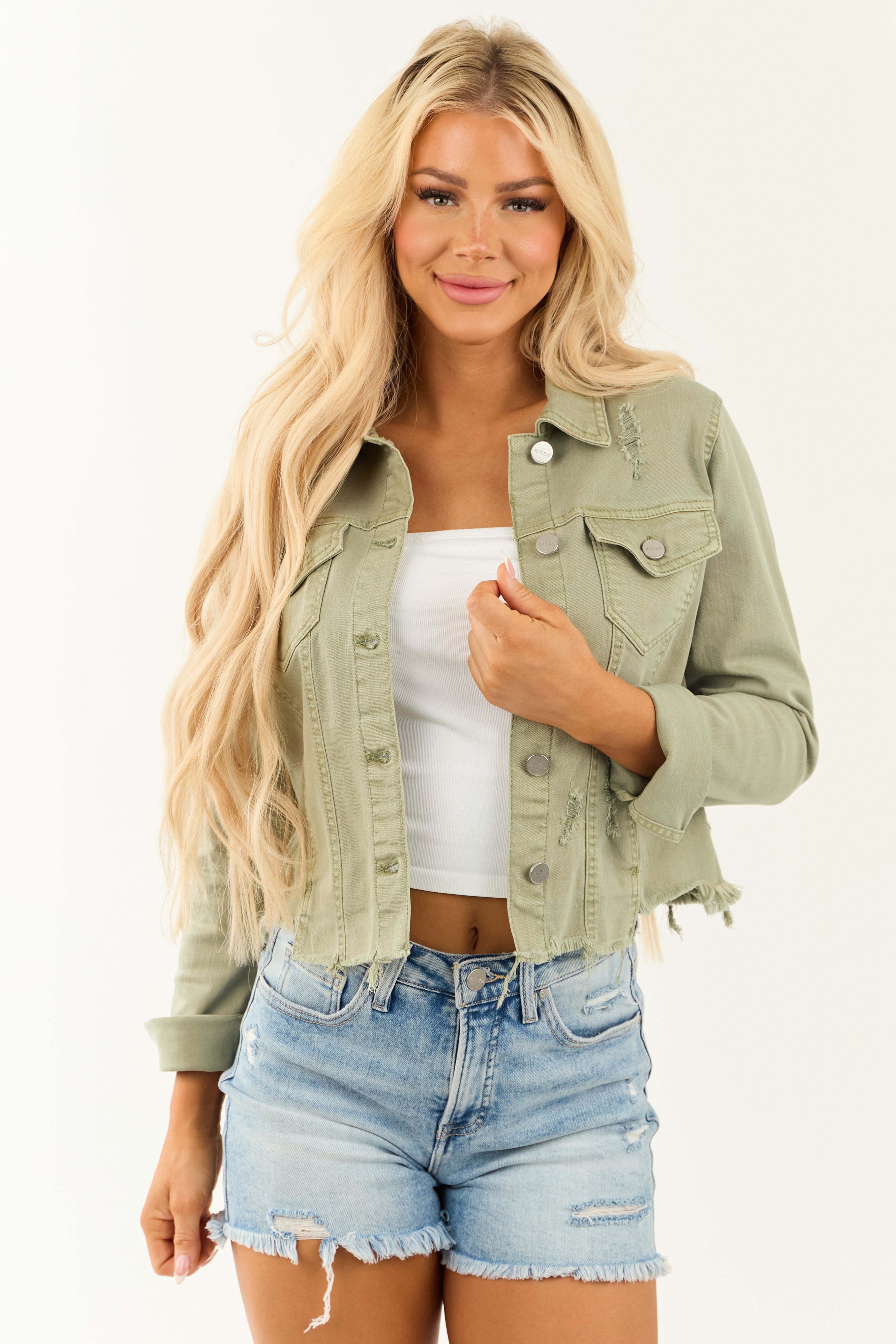 Risen Sage Button Up Distressed Denim Jacket