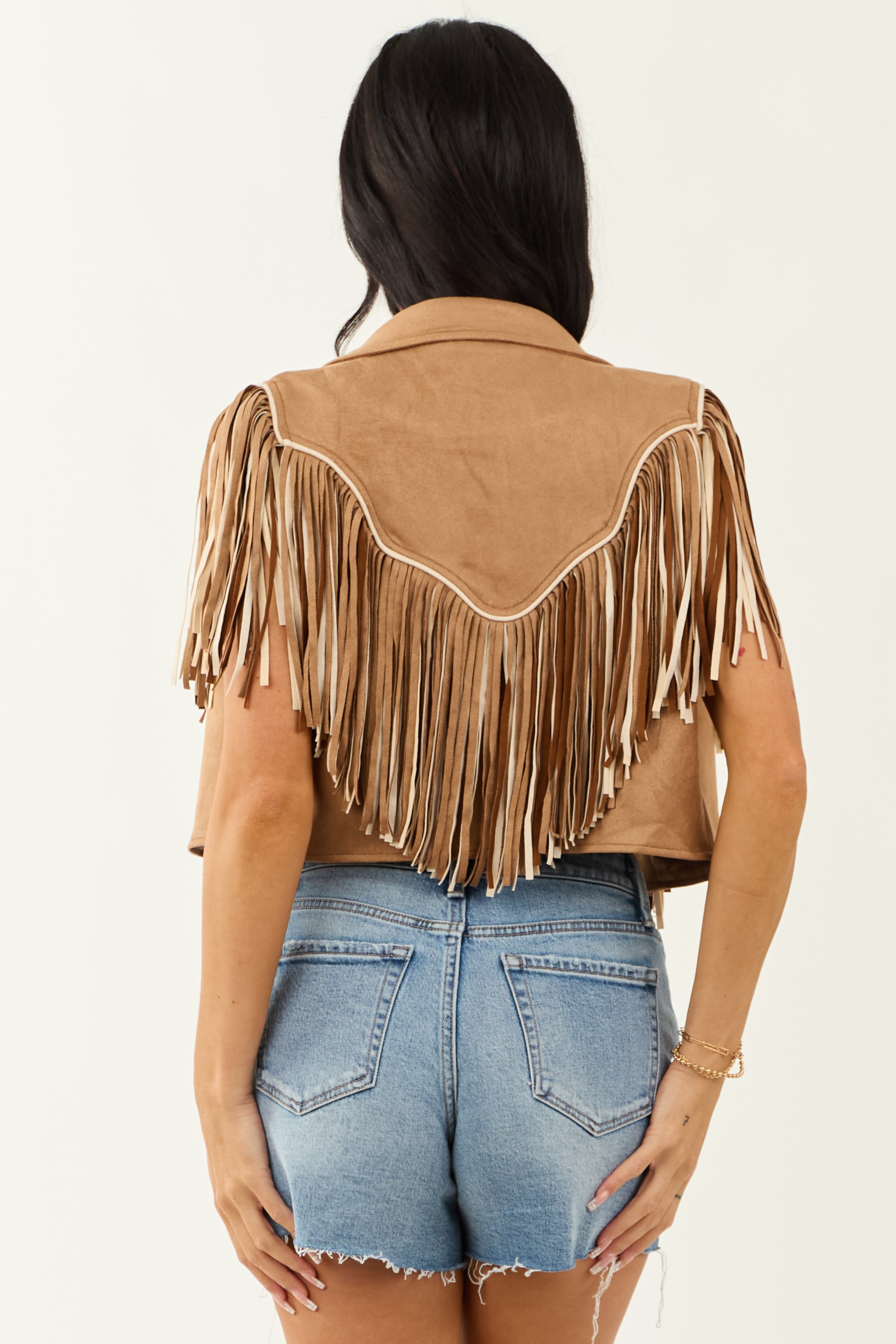 Brown Sugar Faux Suede Fringe Open Front Vest