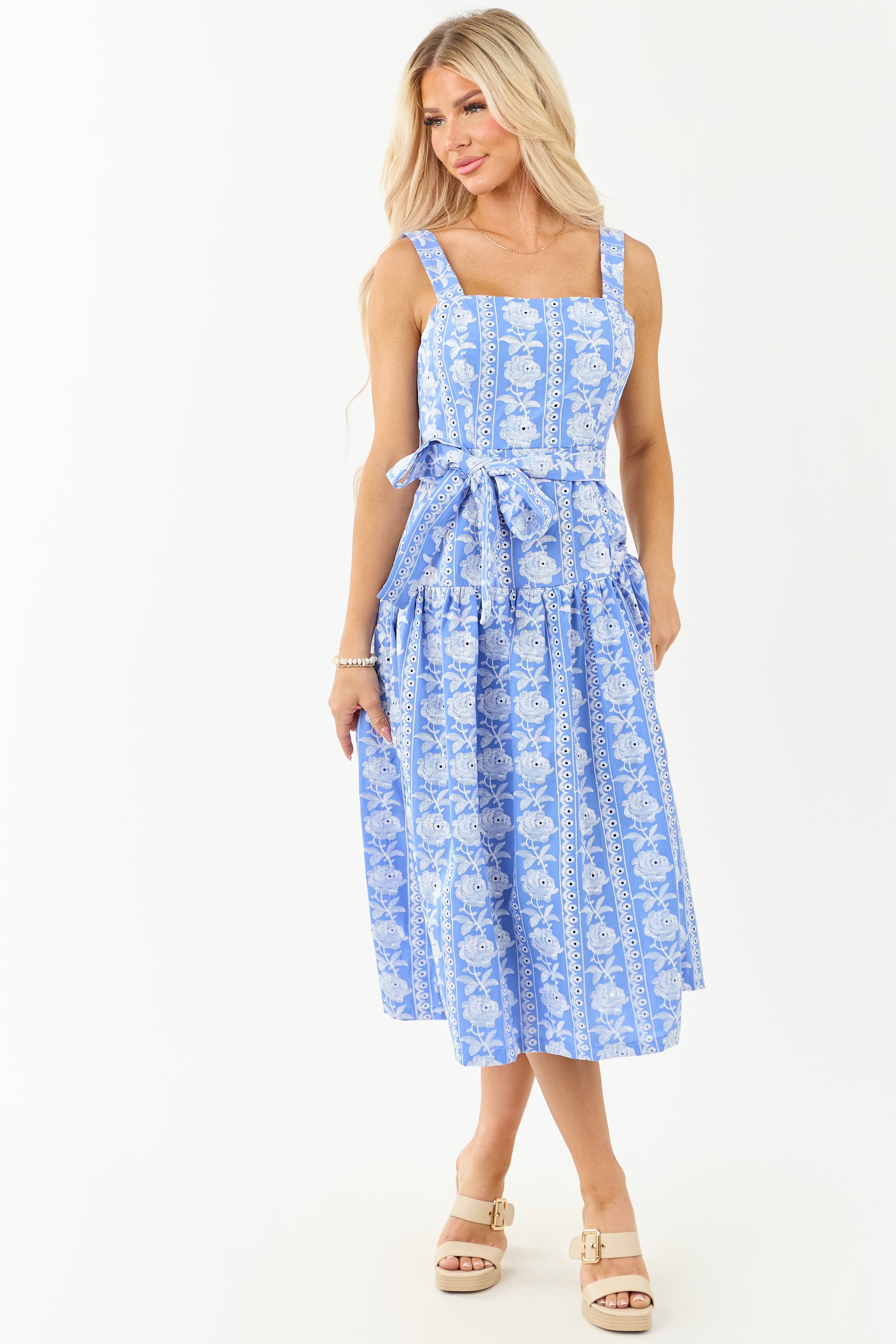 Cornflower Floral Embroidered Waist Tie Midi Dress