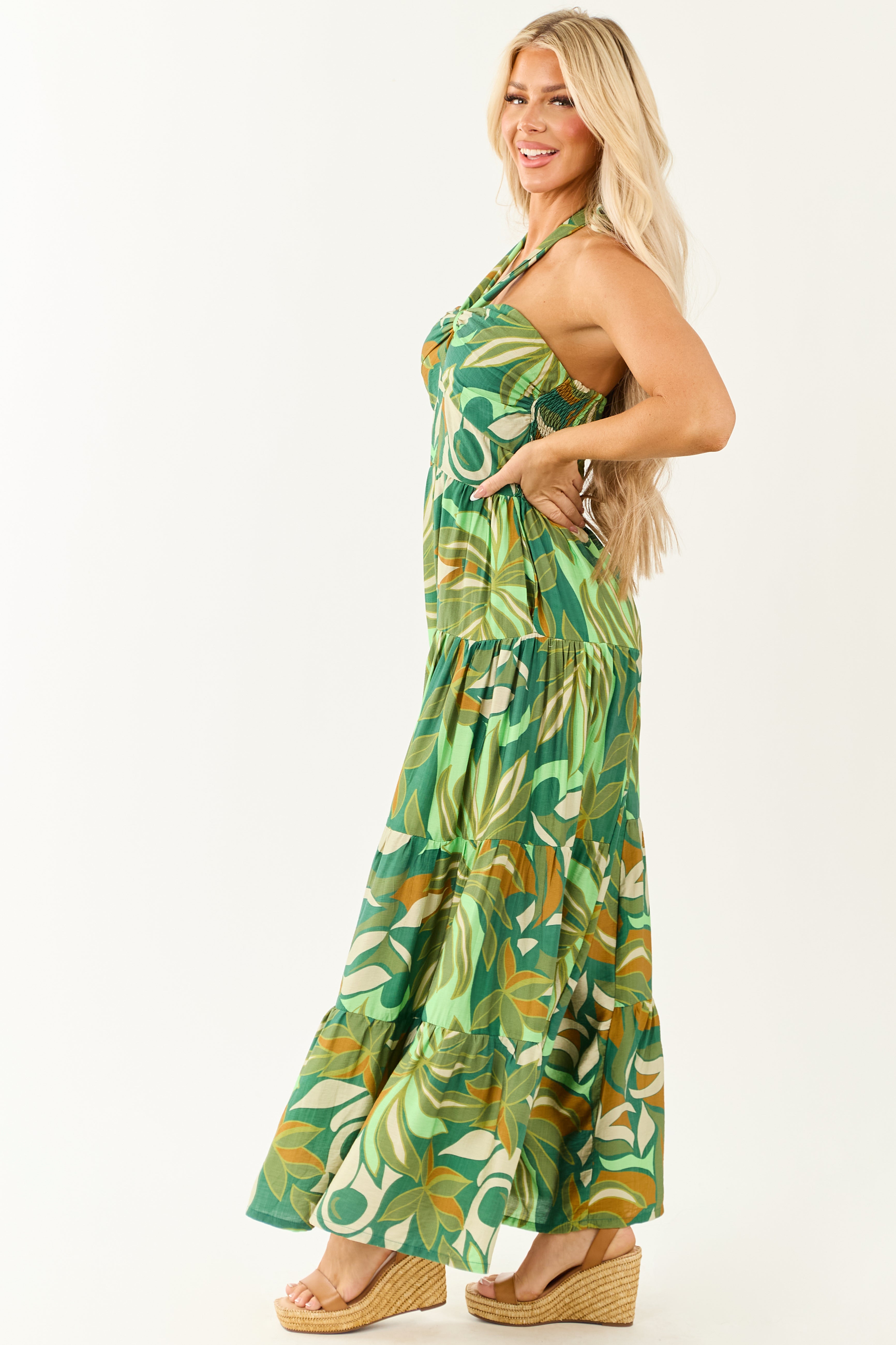 Kiwi Tropical Print Halter Front Tie Jumpsuit