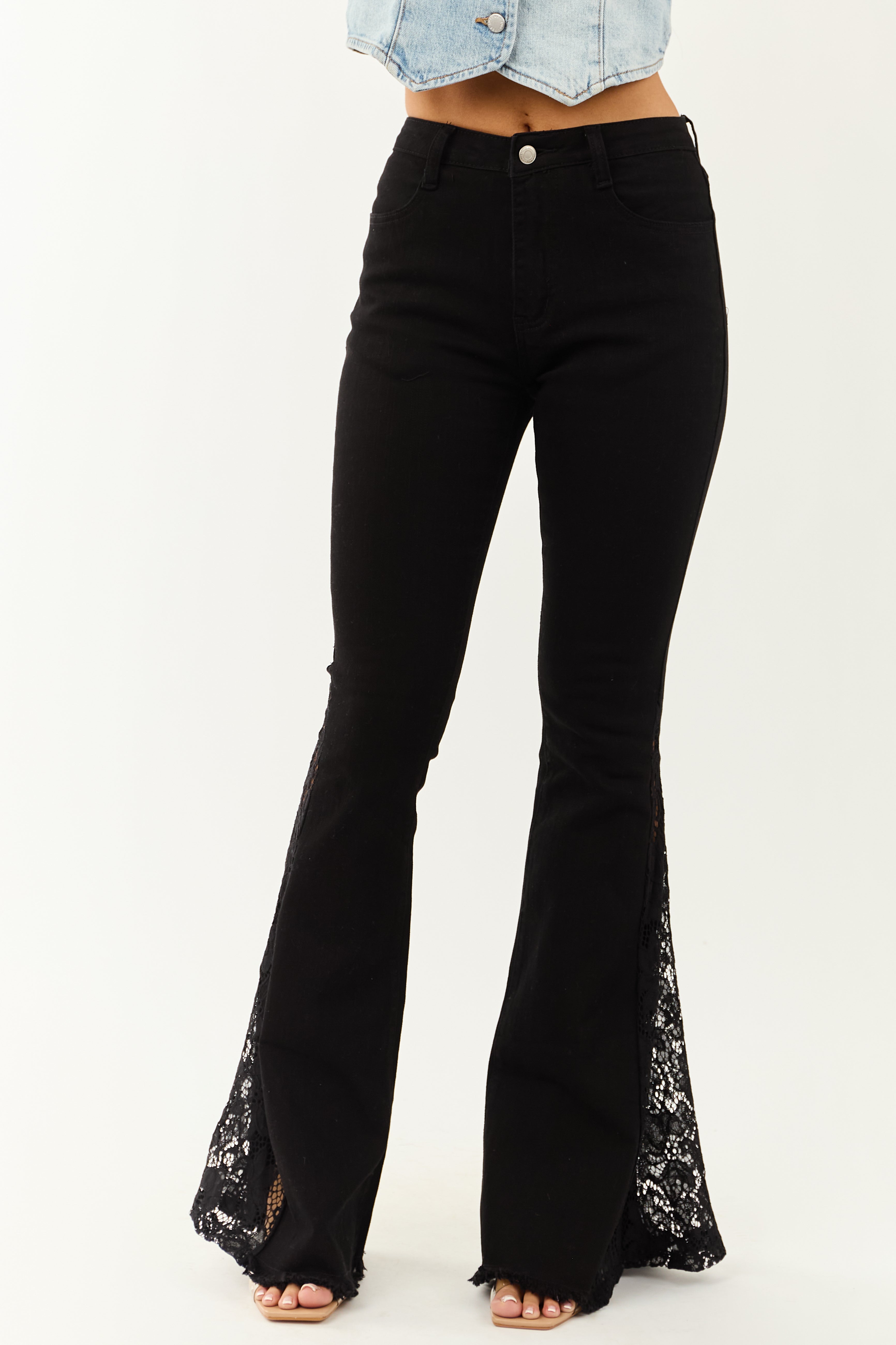 Black Lace Contrast Stretchy Flare Leg Jeans