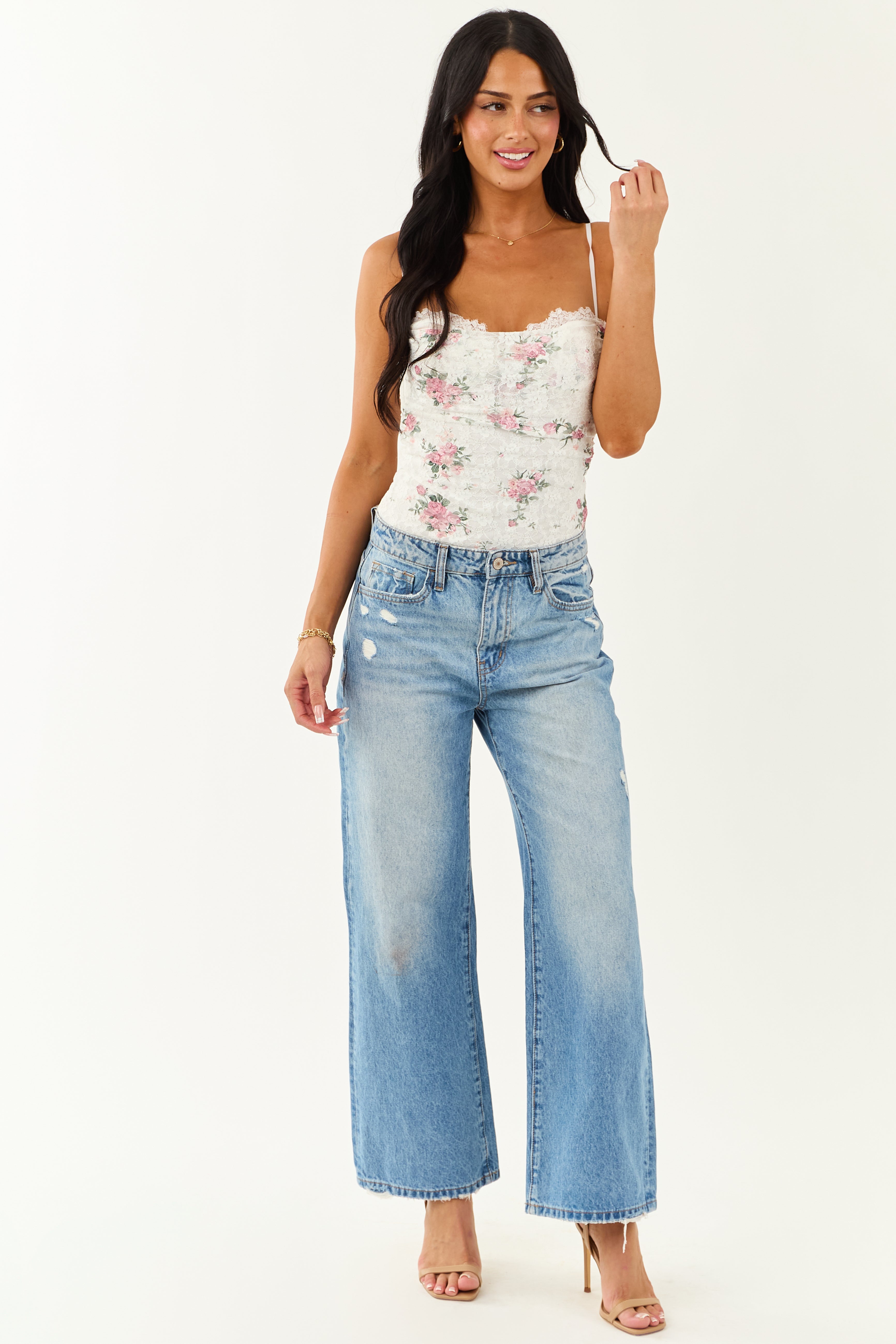 Off White Floral Lace Sleeveless Bodysuit