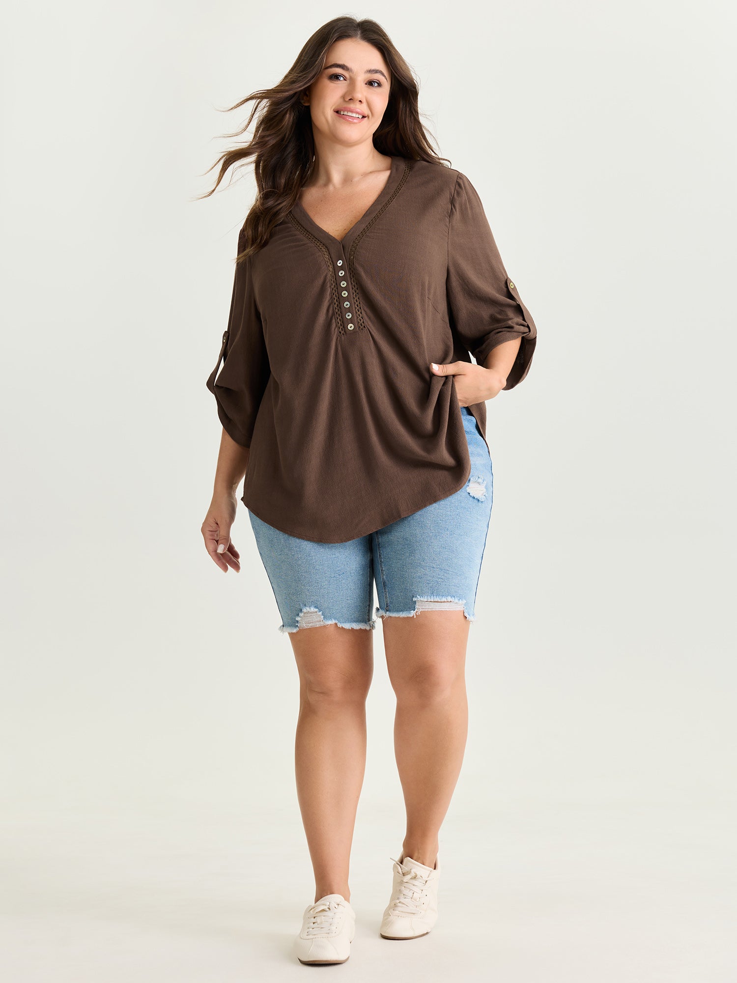 Lace Trim Neckline Tab Sleeve Blouse