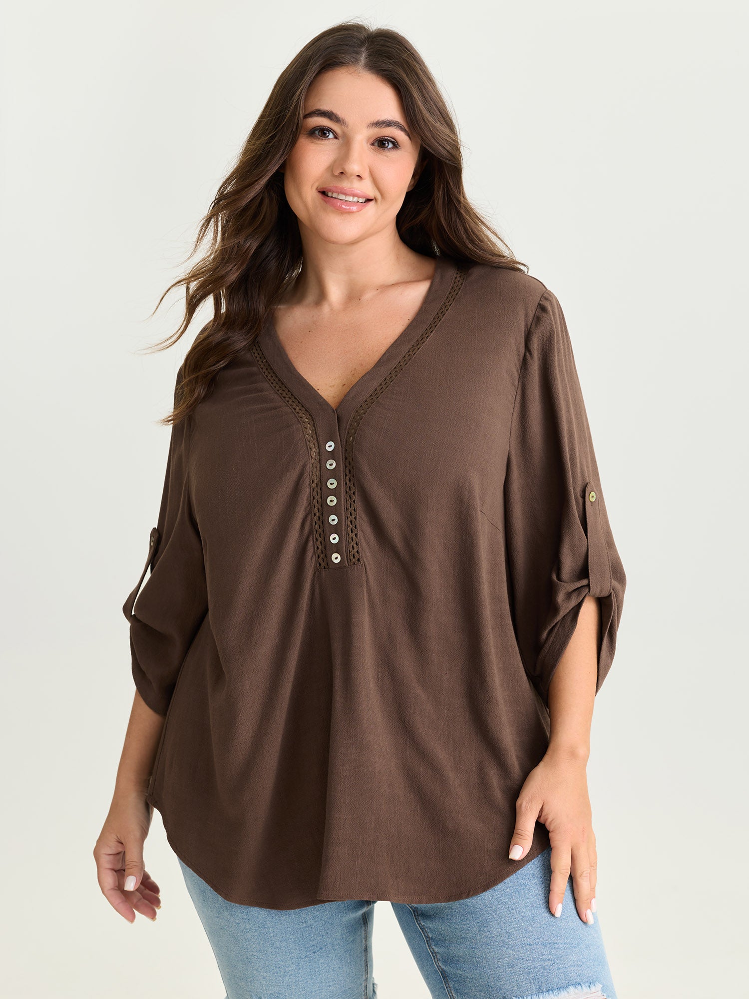 Lace Trim Neckline Tab Sleeve Blouse